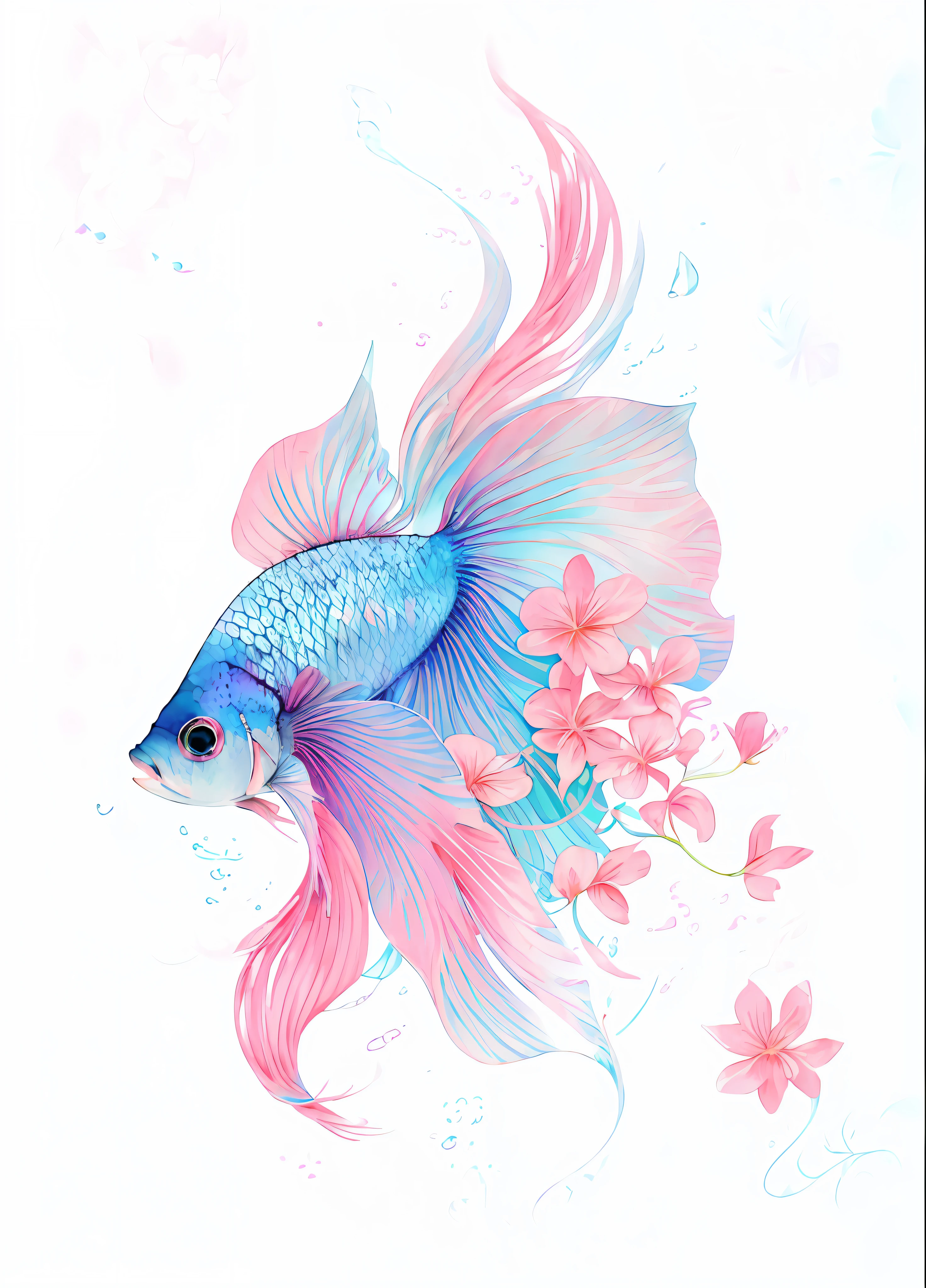 there is a fish with a pink tail and blue tail, a beautiful artwork illustration, exquisite digital illustration, betta fish, beautiful digital artwork, in pastel colors, beautiful gorgeous digital art, beautiful digital art, colorful fish, gorgeous digital art, beautiful digital illustration, blue and pink colors, very beautiful digital art, in style of digital illustration, pink and blue colors