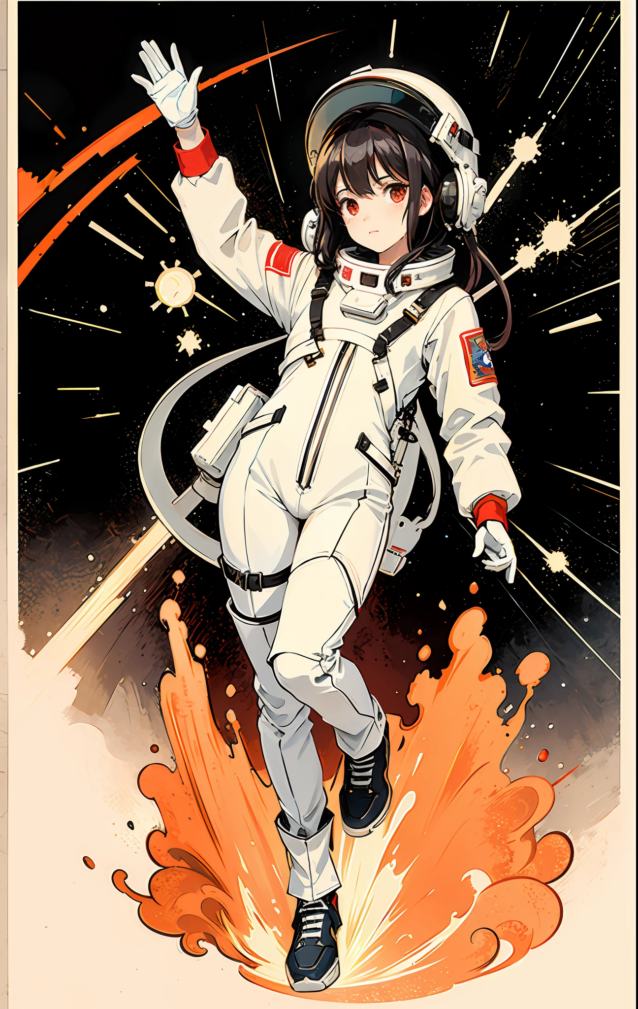 1girl, flat chested, cute, beautiful detailed eyes, shiny hair, visible through the hair, hair between the eyes, CCCPposter, sovietposter, red monochrome, Soviet poster, USSR, communism, black hair, red eyes, vampire ,girl,small breasts,spacesuit:Orange_clothing_body:jumpsuit ), white_gloves, white_space shoes, white_helmet, CCCP scarlet letters on the top of the helmet, weightlessness, Side light, reflection, the person in the spacesuit is at the bottom left of the picture, right hand outstretched, right hand Gently touch the Salyut space station), the space station in the upper right corner of the screen, the reflected light of the sun, silver metal, red flag, brilliance, Soviet style, diffuse reflection, metal texture, blue earth in the distance, mech style, star sea, high-profile, majestic