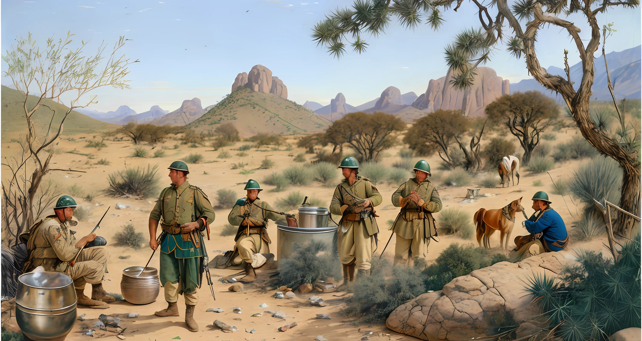 Soldier with torn garments making a food in a pot over a fire, soldiers of the war of straws, leather and cotton clothes of faded colors and brown colors, and faded, several soldiers around, a dog, horses stuck in the background, soldiers sitting on stones and holding guns, other soldiers sitting and standing in the background, a soldier tending a horse, cacti, small mountains of rounded top and small rocks in the background, gnarled trees and small thickets and green herbs growing at the base of rocks, deep horizon, bonfire still lit, intricate details, masterpiece, 8k, highres, best quality, highest texture, realistic, nature's light, perfect shadow, clear detailed face, War of straws, caatinga in the backlands of Brazil, semi-arid climate, dry vegetation, twisted bushes, tattered soldiers, bonfire in the center of the photo with a pot, cooking utensils, camping, scattered things, ((((all faces must be different, use all the spectra of your different emotions from happiness to anger, do what you want and how you want))).