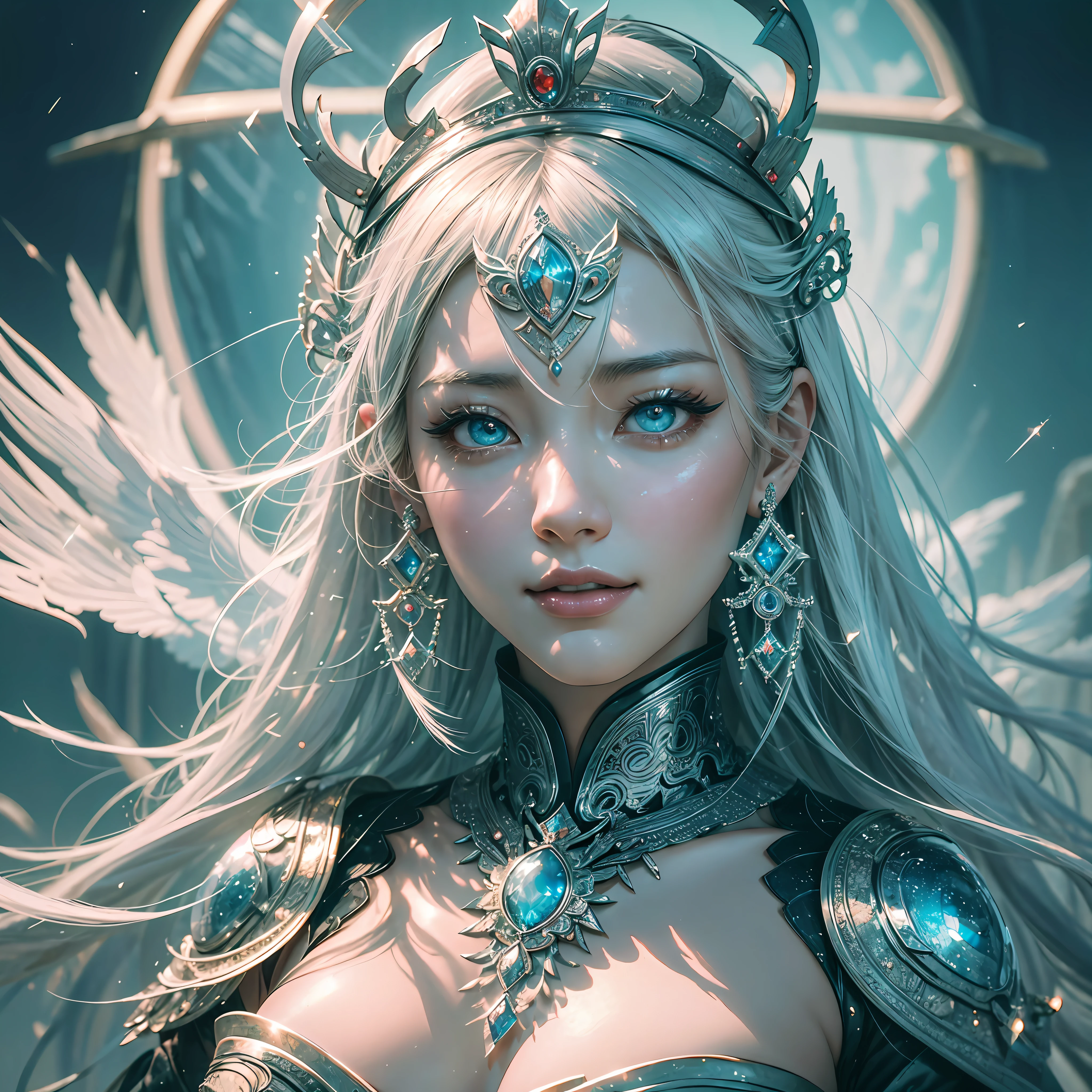 chinese beauty, As graceful as a swan, Perfect figure, Handsome face, white hair, halo, crown, aqua eyes, light smile, shy, parted lips, Realism, Verism, depth of field, cinematic lighting, sparkle, ray tracing, god rays, stereogram, UHD, high details, textured skin, highres, best quality --auto --s2