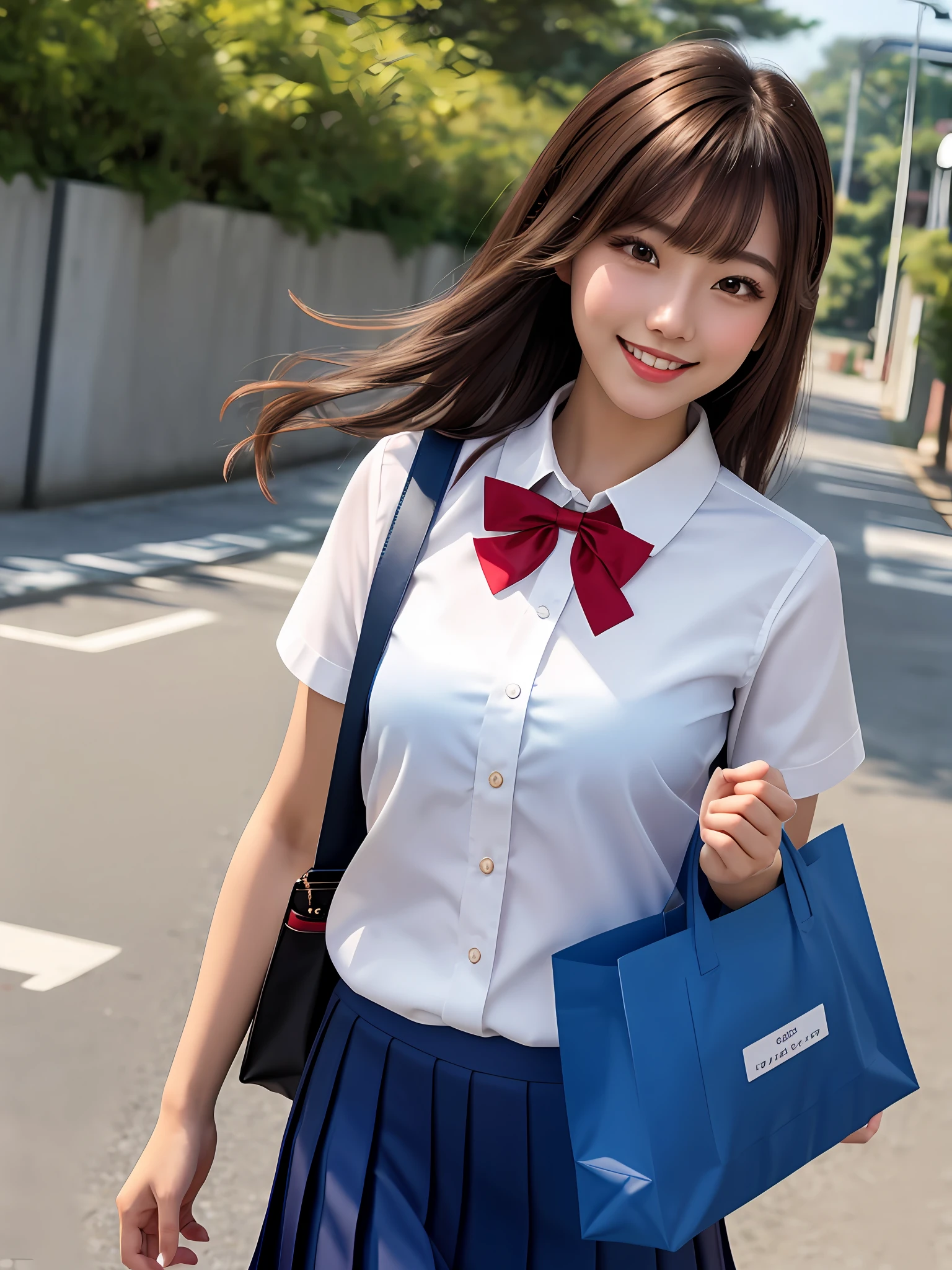 masterpiece, close up shot of a face, directly front view, 1 woman per 1 photo, a Japanese young pretty woman, hyper pretty face, 18 years old, walking on a school corridor with carrying a tote bag on her shoulder with big smile, waving her hand to say good by toward a camera, glamorous figure, wearing a short sleeves silky white collared shirt with shiny satin red plain bow tie, glossy lips, double eyelids in both eyes, natural makeup, long eyelashes, shiny smooth light brown hair of medium length, asymmetrical bangs, tanned skin, wearing a medium length dark blue pleated skirt, head in the frame, central image, 8K resolution, high detail, detailed hairstyle, Detailed Face, spectacular cinematic lighting, octane rendering, vibrant, hyper realistic, perfect limbs, perfect anatomy