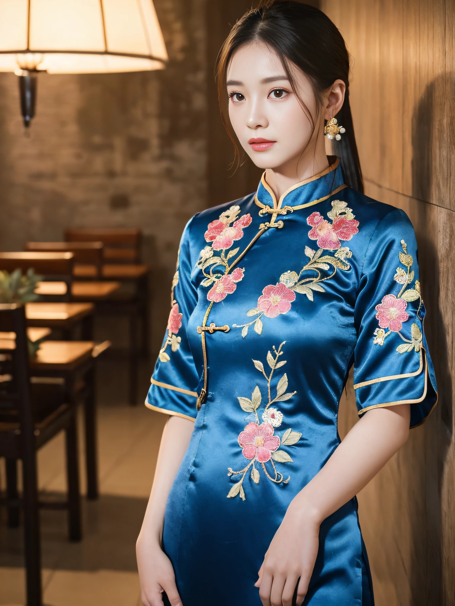 ((Best Quality, 8K, Masterpiece: 1.3)), Focus: 1.2, Wearing Blue Cheongsam, Small Broken Flower Embroidery, Delicate, Split End, Full Body Standing Photo, Cafe Wall, Highly Detailed Face and Skin Texture, Detailed Eyes, Double Eyelids, Whitened Skin, Long Ponytail