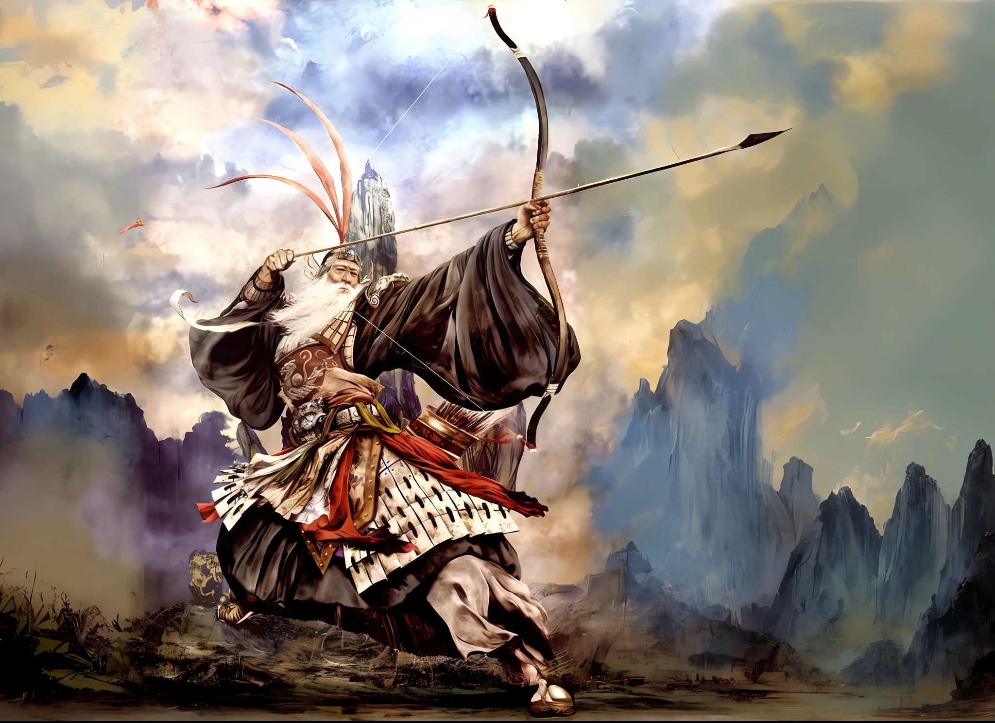 a painting of a man in a costume with a bow and arrow, inspired by Hu Zaobin, bow ashigaru, guan yu, inspired by Wu Daozi, mongol, traditional japanese concept art, art style of john blanche, chinese warrior, by Cao Zhibai, from three kingdoms, photo of genghis khan, ancient japanese samurai