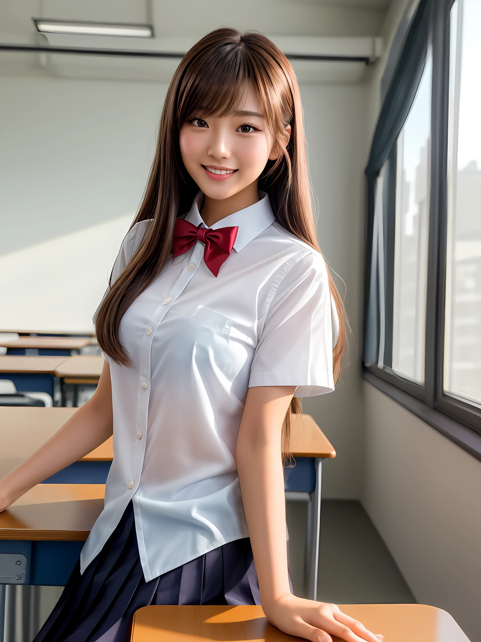 masterpiece, upper body shot, front view, a Japanese young pretty woman, sitting on a desk in the classroom with a big smile, glamorous figure, wearing a short sleeves white collared shirt with shiny red satin plain bow tie, wearing a medium length dark blue pleated skirt, hyper cute face, glossy lips, double eyelids in both eyes, Natural makeup, long eyelashes, shiny smooth light brown hair of medium length, asymmetrical bangs, tanned skin, in the classroom, head frame, central image, 8K resolution, high detail, detailed hairstyle, Detailed Face, spectacular cinematic lighting, octane rendering, vibrant, hyper realistic, perfect limbs, perfect anatomy