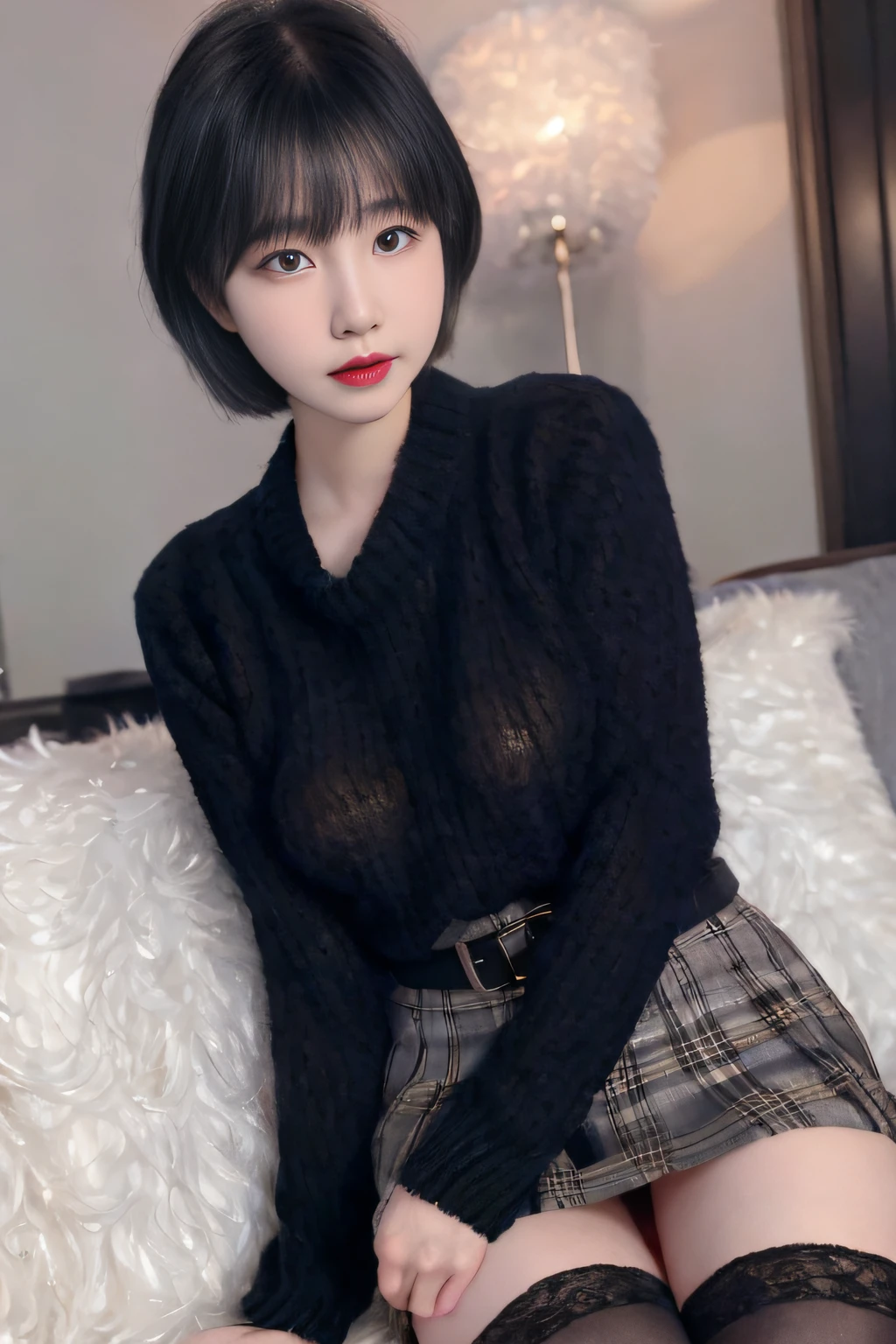 extremely detailed ((addielyn)), detailed eyes, (Best quality details:1.2),realistic,8K High definition,(1girl:1.2),Ultra Detailed,High quality texture,intricate details,detailed texture,finely detailed,high detail,extremely detailed cg,High quality shadow,Detailed beautiful delicate face,Detailed beautiful delicate eyes,Depth of field,Ray tracing,(a beautiful 25 age years old sexy korean woman:1.1),medium breast, tall_female, beautiful_legs, Glow Eyes,blush, perfect body,skinny, (black sweater:1.4), (open grey coat:1),(short plaid tight skirt :1.2), (stockings_garterbelt:1.1, stilleto:1.1), (bob cut:1.1), street, sunlight, kneeling on sofa, earrings,necklace, model, looking at viewer, from side, dynamic pose, mole under eye,