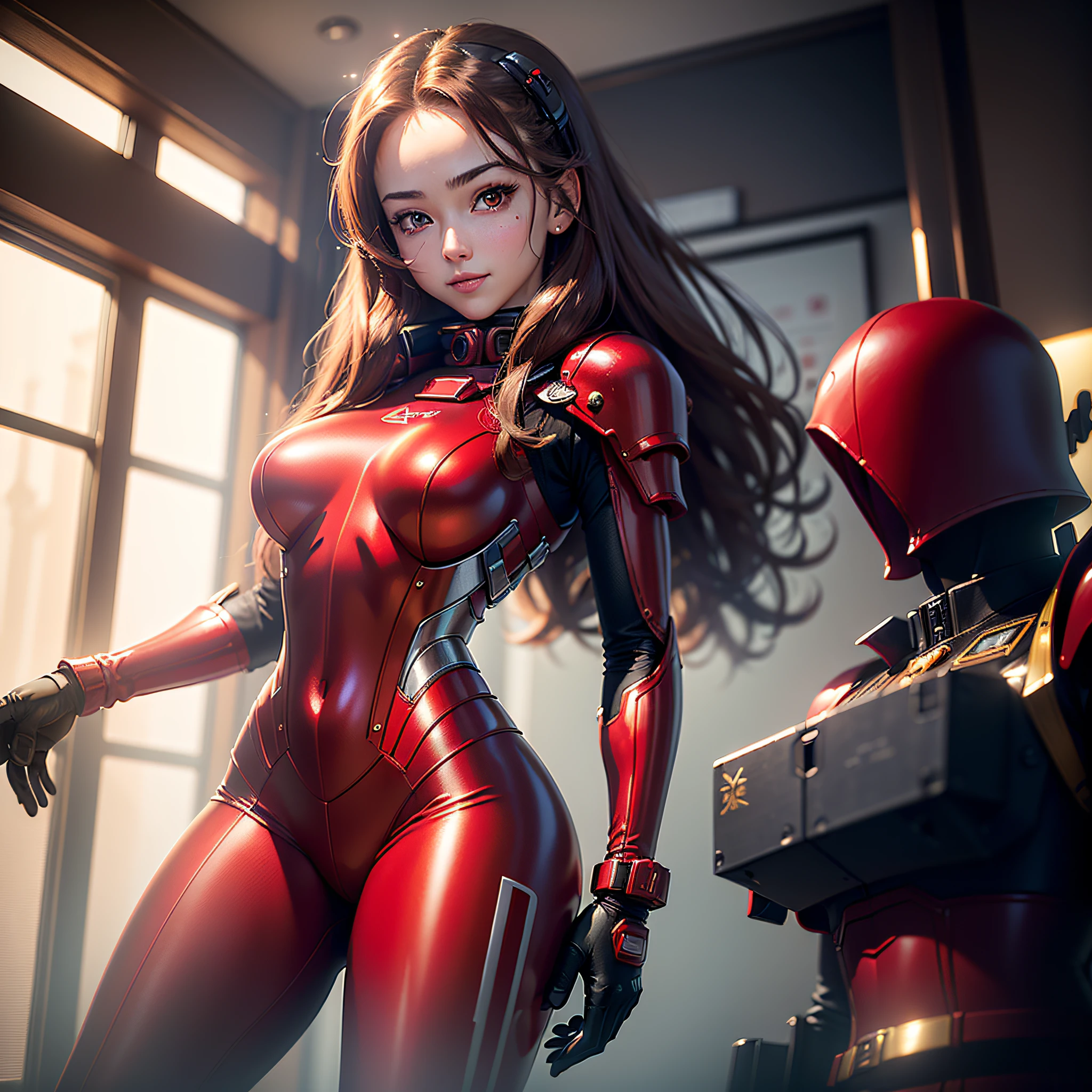 (Masterpiece, Best Quality, Best Resolution, distinct_image, Very Elaborate CG, Cinematic Lighting, Ray Tracing, Drop Shadows, Detailed Detail, (Photorealistic: 1.4), High Quality Textures, Detailed, Realistic Face Expression): (Girl Alone, Face Japan People, (Crimson Long Hair: 1.2), Small Size Breasts, Detailed Gundam cockpit with sparkly red eyes, eye-level shots, metallic red colored flight suits, tight-fitting clothes, full-body covering clothes, light smile, beauty, slim body, exoskeleton, heroine, headset, long boots, gloves, solo ride)