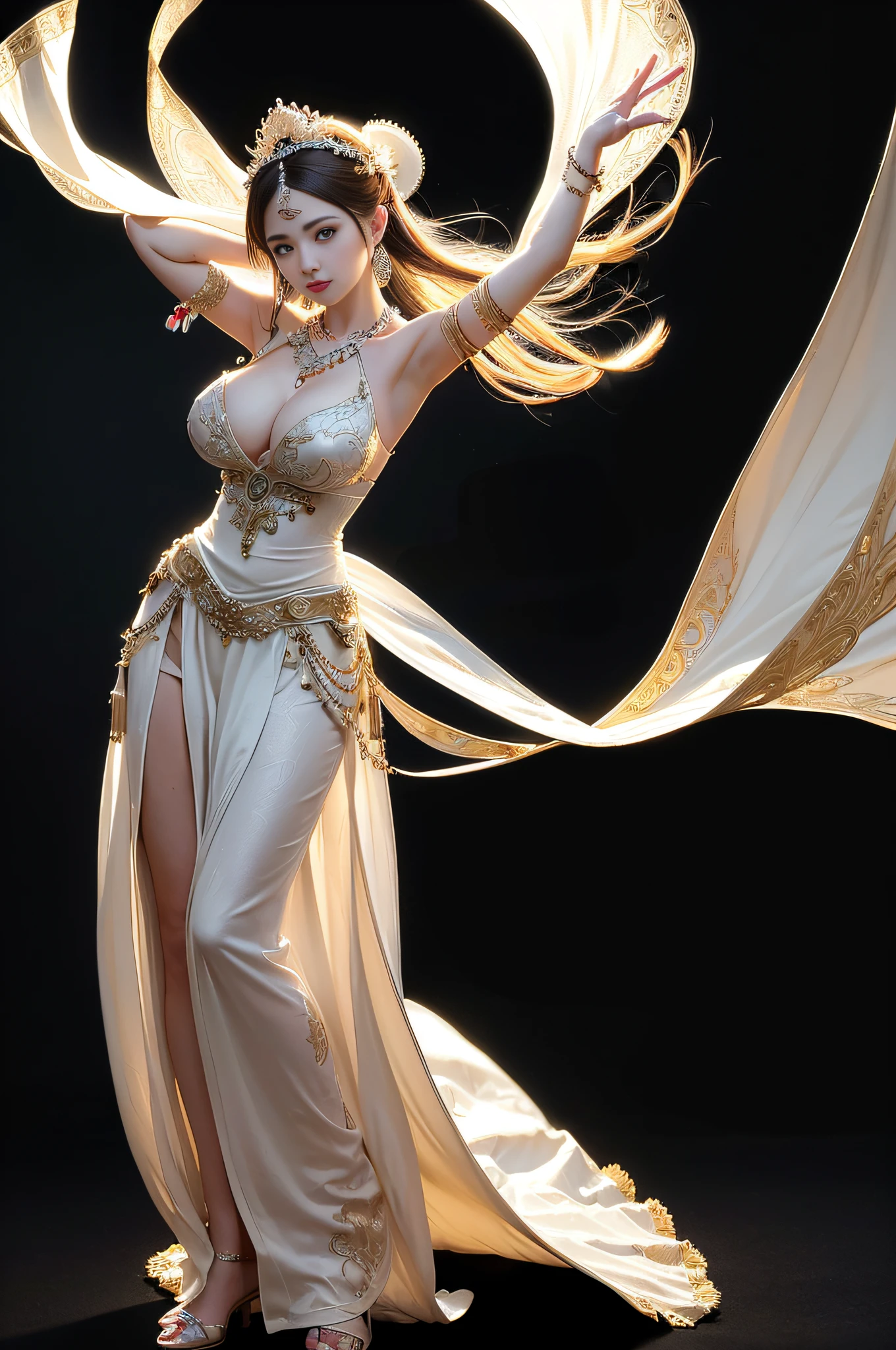 Best quality,masterpiece,ultra-detailed high res,(photorealistic:1.4),raw photo,,illustration,
1girl dancing,(solo:1.2),(cowboy shot:1.2),(hair crown:1.2),Traditional chinese dunhuang style clothes,Strapless,(white eyeliner:1.2),(big breasts:1.4), (v-neck:1.5), (big necklace:1.4), lace armour, earrings,dynamic angle,(clean white background:1.2),messy_long_hair,ink,cinematic lighting,lens_flare,Velvet,chrysanthemum,Tassel,Ribbon,color embroidery,(full body shot:1.4),light studio,backlight, front light,difuse light