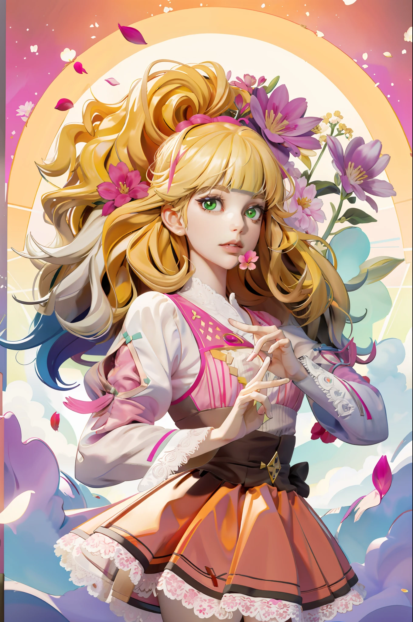 (absurdres, highres, ultra detailed), 1girl, mature female, wavy blonde hair, long hair, blunt bangs, green eyes, pink dress, finely detailed eyes and detailed face, extremely detailed CG unity 8k wallpaper, intricate details, BREAK , kaleidoscopic imagery, symmetrical patterns, vibrant colors, geometric shapes, mesmerizing designs, optical illusions, dynamic composition BREAK , pantomime art, expressive body language, silent storytelling, evocative gestures, visual narratives, theatrical performances BREAK , blooming flowers, colorful petals, fragrant scents, nature's bounty, vibrant gardens, peaceful scenery