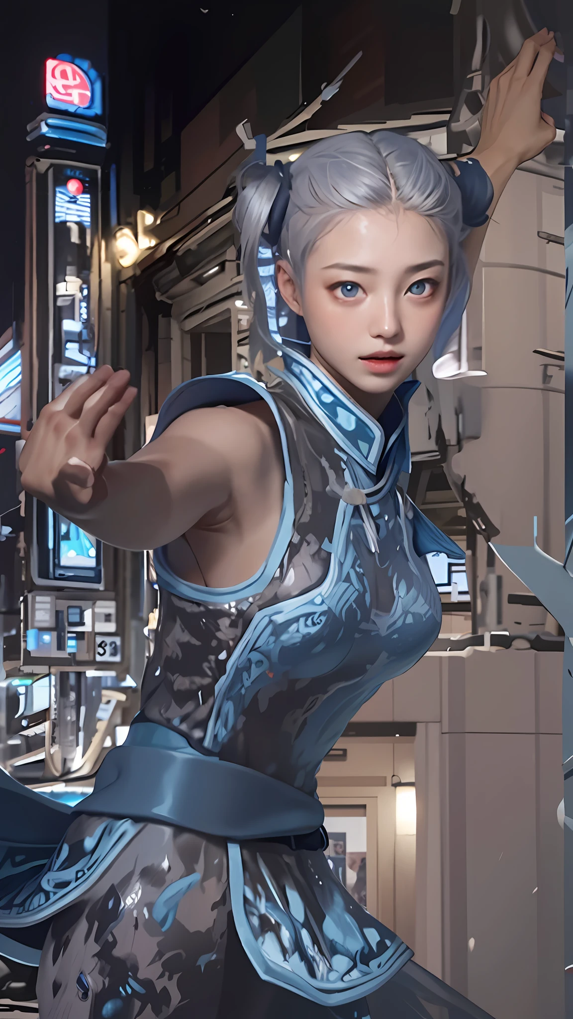 blue sky, photorealistic, high definition, 1 girl, gray hair, korean, heterochromic eyes, small moles under the eyes, bikini, big,