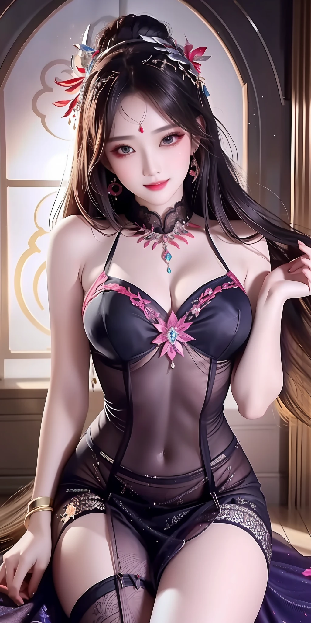 exquisite, masterpiece, high resolution, 1girl, sheer silk cheongsam, beauty face, hair ornament, eye line, smile, closed mouth, lips, dress, hair ornament, necklace, jewel, long hair, earrings, beauty face, upon_body, tyndall effect, photorealistic, dark studio, rim lighting, two-tone lighting, (high detail skin: 1.2), 8k uhd, DSLR, soft lighting, high quality, volumetric lighting, candid, photography, high resolution, 4K, 8K, bokeh. Systemic. Beautiful legs.