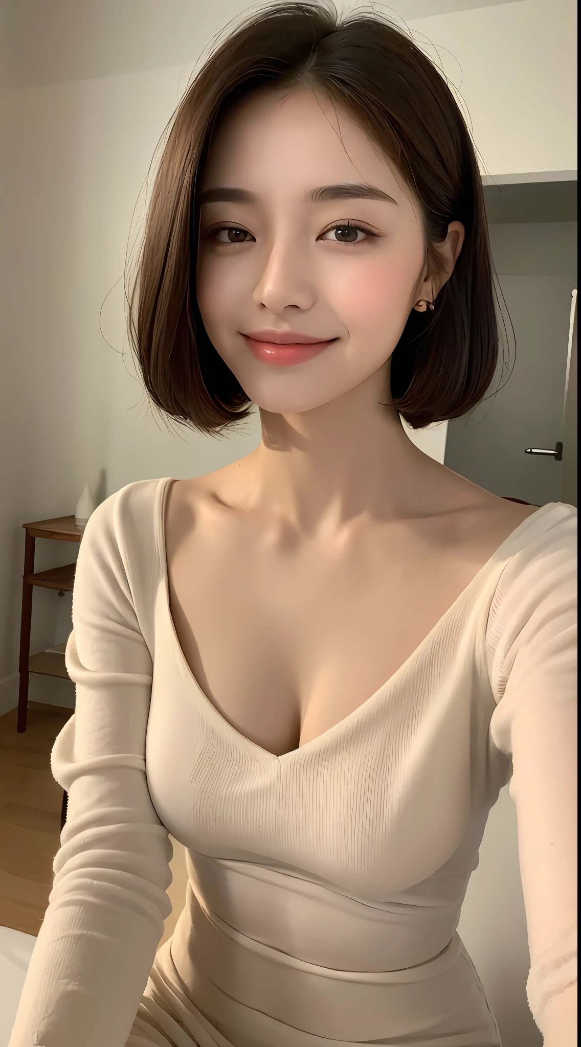 ((Best Quality, 8K, Masterpiece: 1.3)), 1girl, Slim Abs Beauty: 1.3, (Hairstyle Casual, Big Breasts: 1.2), Dress: 1.1, Super Fine Face, Delicate Eyes, Double Eyelids, Smile, Home