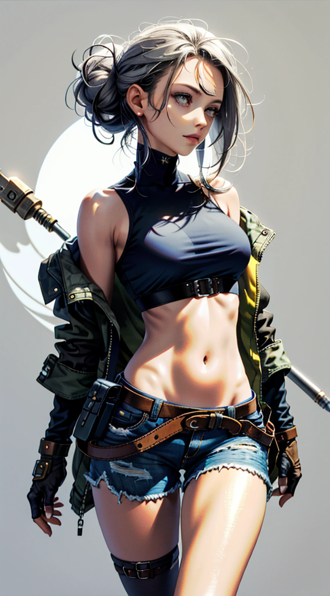 (Masterpiece, Best Quality, Detailed Shiny Skin: 1.2), Flawless, 8k, RAW, High Resolution, Avatar (1 Girl: 1.3), Realistic Textures, Ragged Clothes, Ragged Clothes, Ultra Shorts, Soft and Saggy Breasts, Bare Shoulders, Belly Button, Areola, Gray Hair, Long Hair, Straight Hair, Wavy Updo, Olive Skin, High Quality Face, Narrow Space,