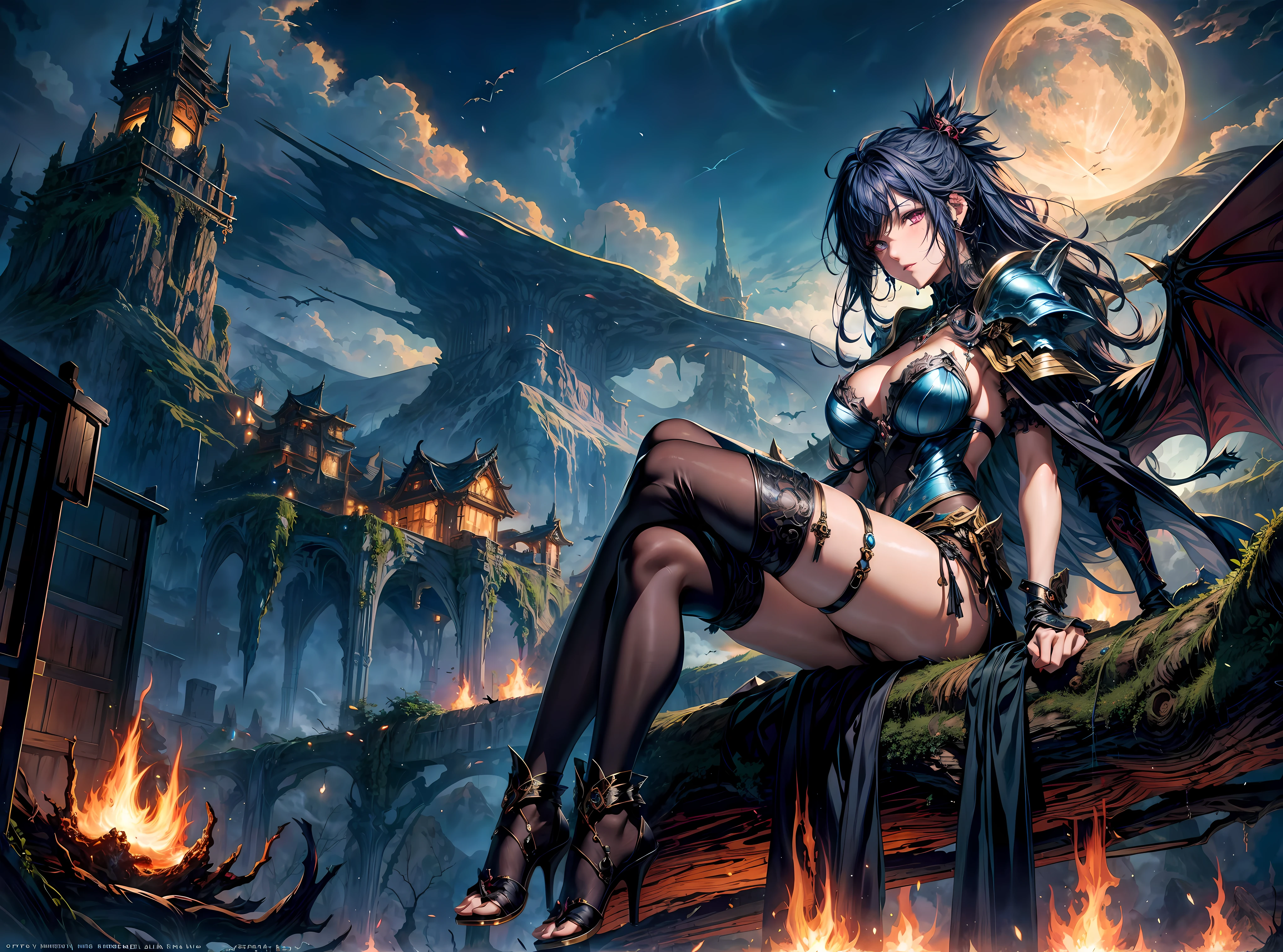((best quality)), ((masterpiece)), (detailed), realistic eyes, black hair, black leather outfit, armor, evil landscape, alluring female witch,(girl focus:0.7), BREAK ethereal beauty, sitting on a dead tree, (fantasy illustration:1.3), enchanting gaze,on a side of the image, captivating pose, solo girl, otherworldly charm, mystical sky, BREAK (Luis Royo:1.2), (Yoshitaka Amano:1.1), moonlit night, soft colors, (detailed cloudscape:1.3), (high-resolution:1.2) (Bats flying in the sky in the background), thong, BREAK legs dangling above lava, evil goddess, realistic, realism, sexy body, glowing torches, long leges, skinny sexy body, perfect exposed boobs, tattoos