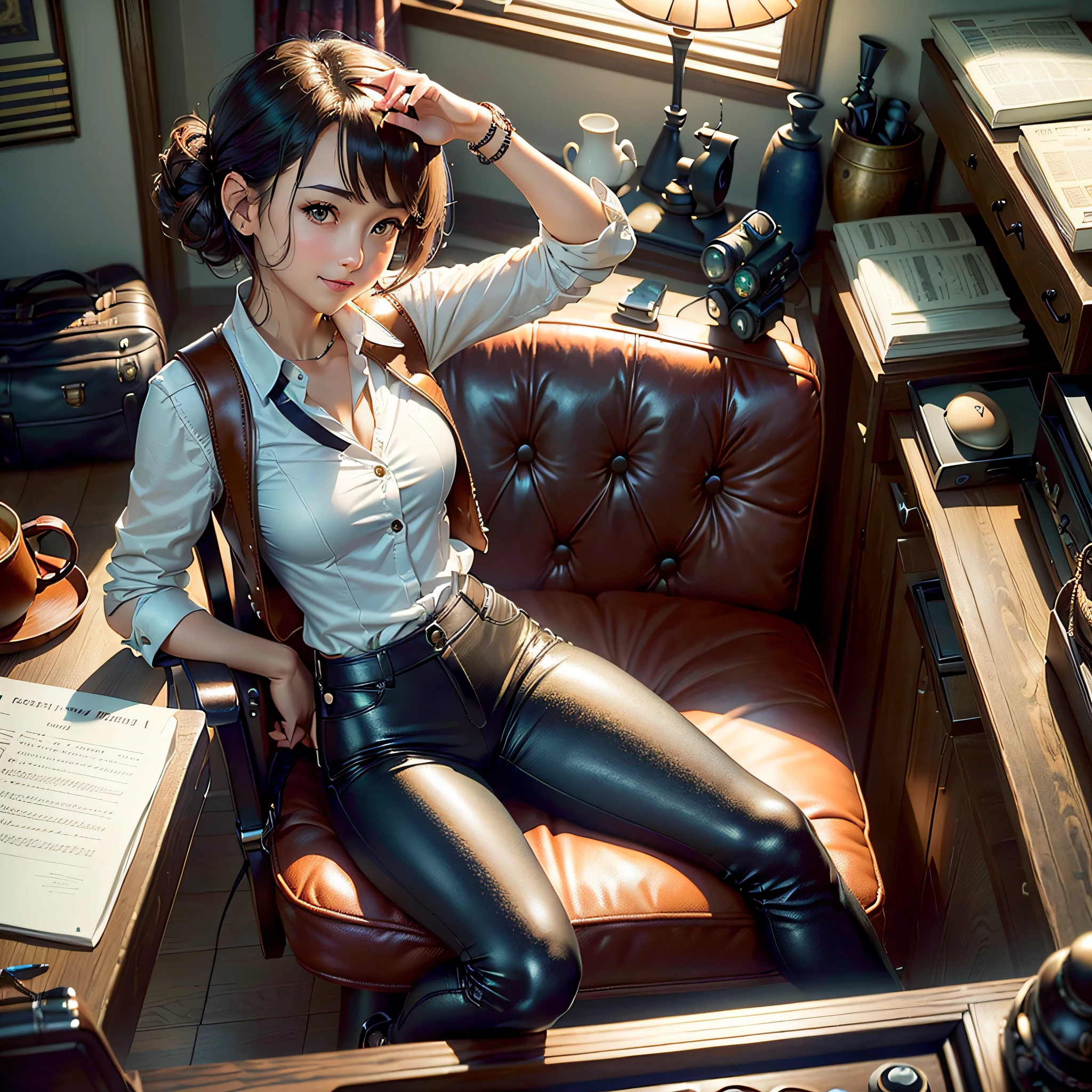 (masterpiece, highest quality, highest resolution, distinct_image, very elaborate CG, cinematic lighting, ray tracing, drop shadows, detailed detail, (photorealistic: 1.4), high quality textures, fine-grained, realistic face expression): (lone girl, face is Japan, brown short hair, hair tied back, small size breasts, sparkly eyes, eye level shots, happy smiles, beauty, slim body, holiday, own room, console games, computer, display, keyboard, mouse, long leather pants, white shirt with collar, leather vest, cardian, baseball cap, handgun holder, leather bag on back, long boots, antique radio, coffee, Model Train, Bookcase, Wooden Chair, Pot, Fan, Painting, Stuffed Animal, Tie, Notebook, Stationery, Vase, Photo Frame, Letter, Fountain Pen, Calendar, Lamp, Cushion, Basket, Profile Mirror, Candle, Newspaper, Sweets, Park View Outside the Window, Telephone, Fruit, Telescope, Retro TV)