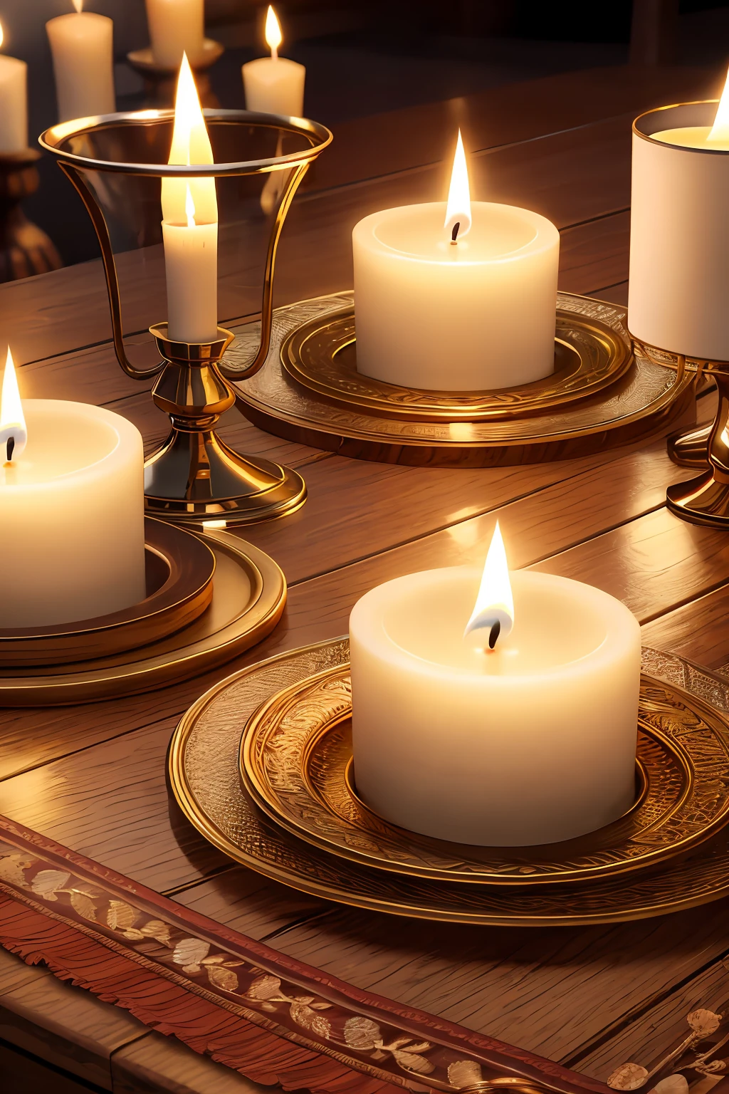 burning aromatic candles adorn the table with a splendid candlelight dinner, warm and homely atmosphere, varnished wooden table reflecting the candlelight. highly detailed, unreal engine, UHD, photorealistic, realistic high definition, HDR, High octane render, 4k 8k --auto --s2