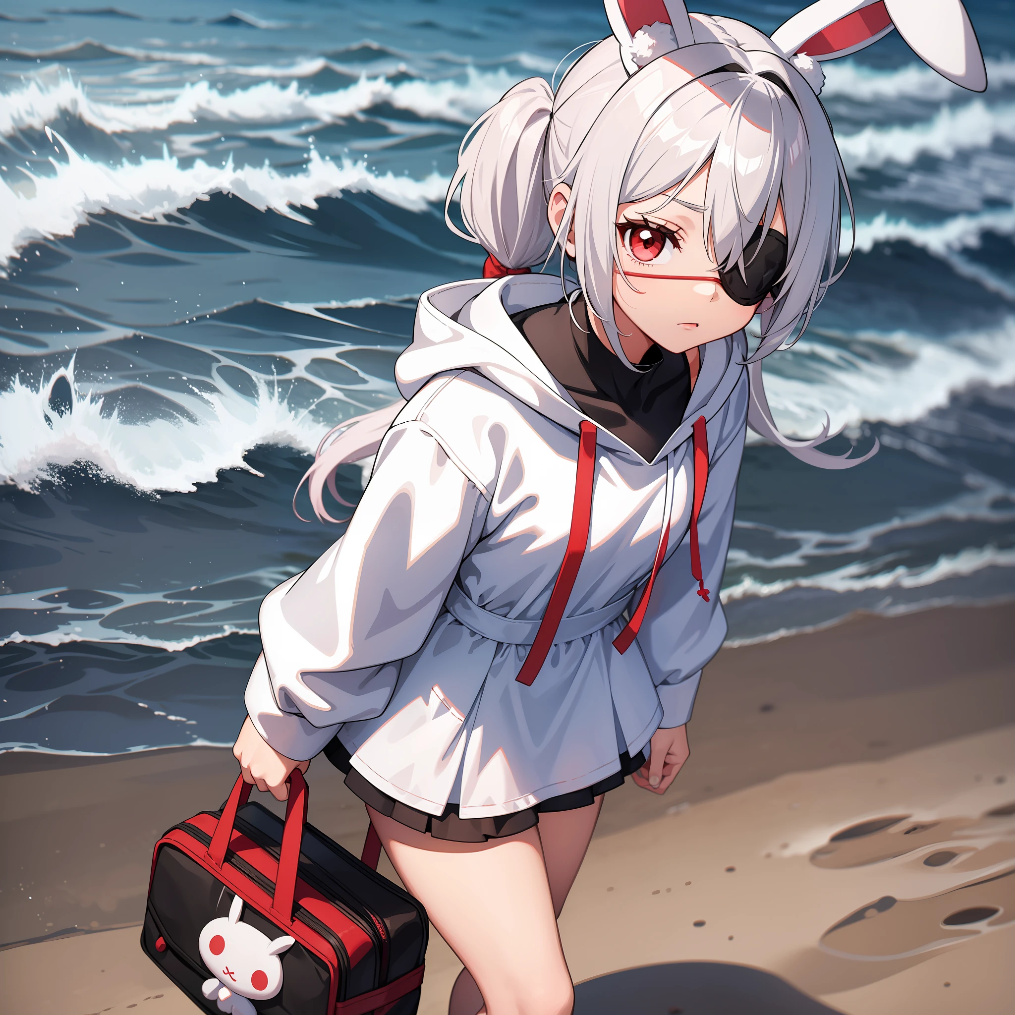 One girl, wearing one white eyepatch, holding a stuffed bunny, short white hair in two pigtails l, With a Hood, bunny ear accessories, Wearing a white short dress, red eyes, full body, Playing at the beach