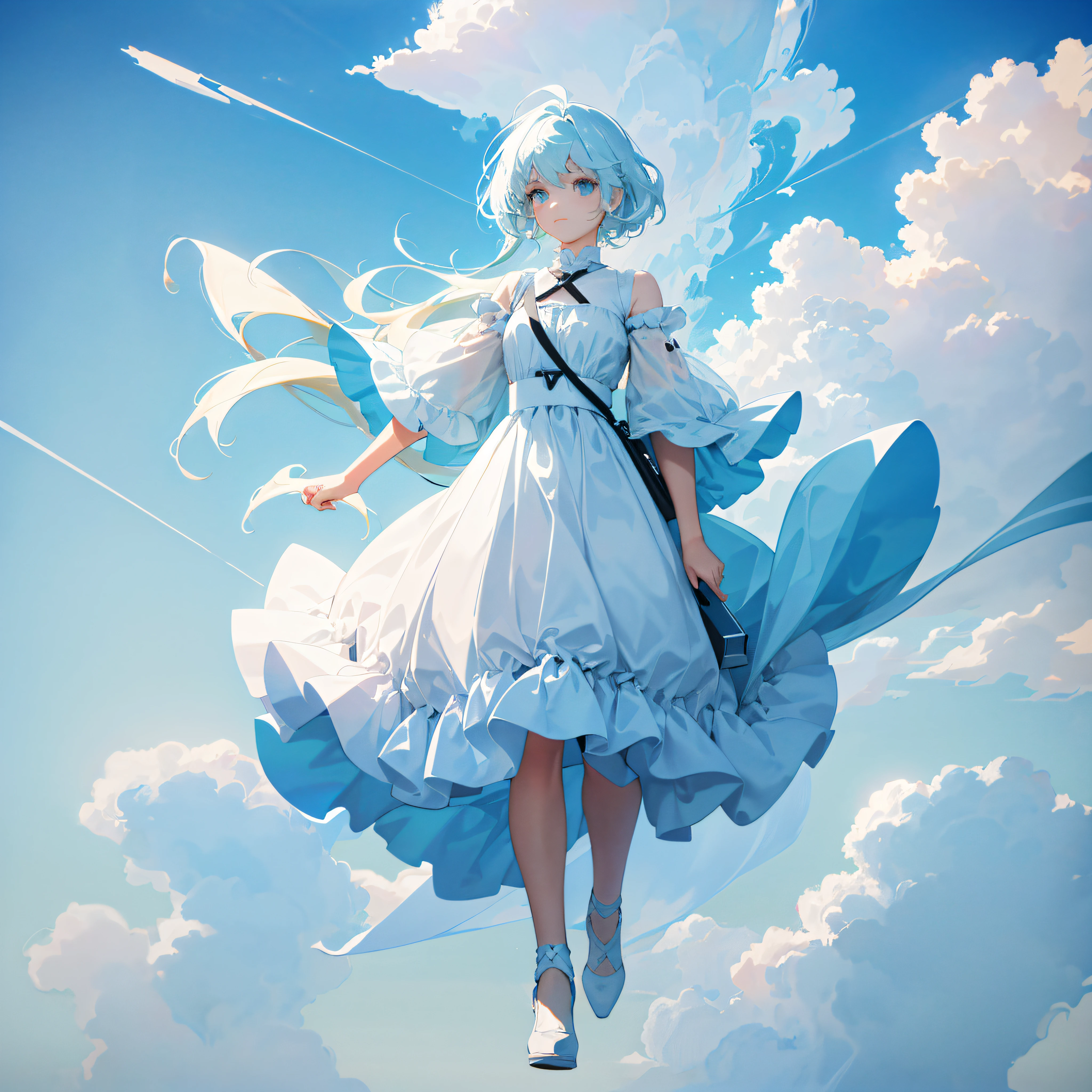 masterpiece, best quality, movie still, 1girl, floating in the sky, cloud girl, cloud, (close-up:1.1), bright, happy, fun, soft lighting, (Bauhaus, shapes, lines, abstract:1.1)