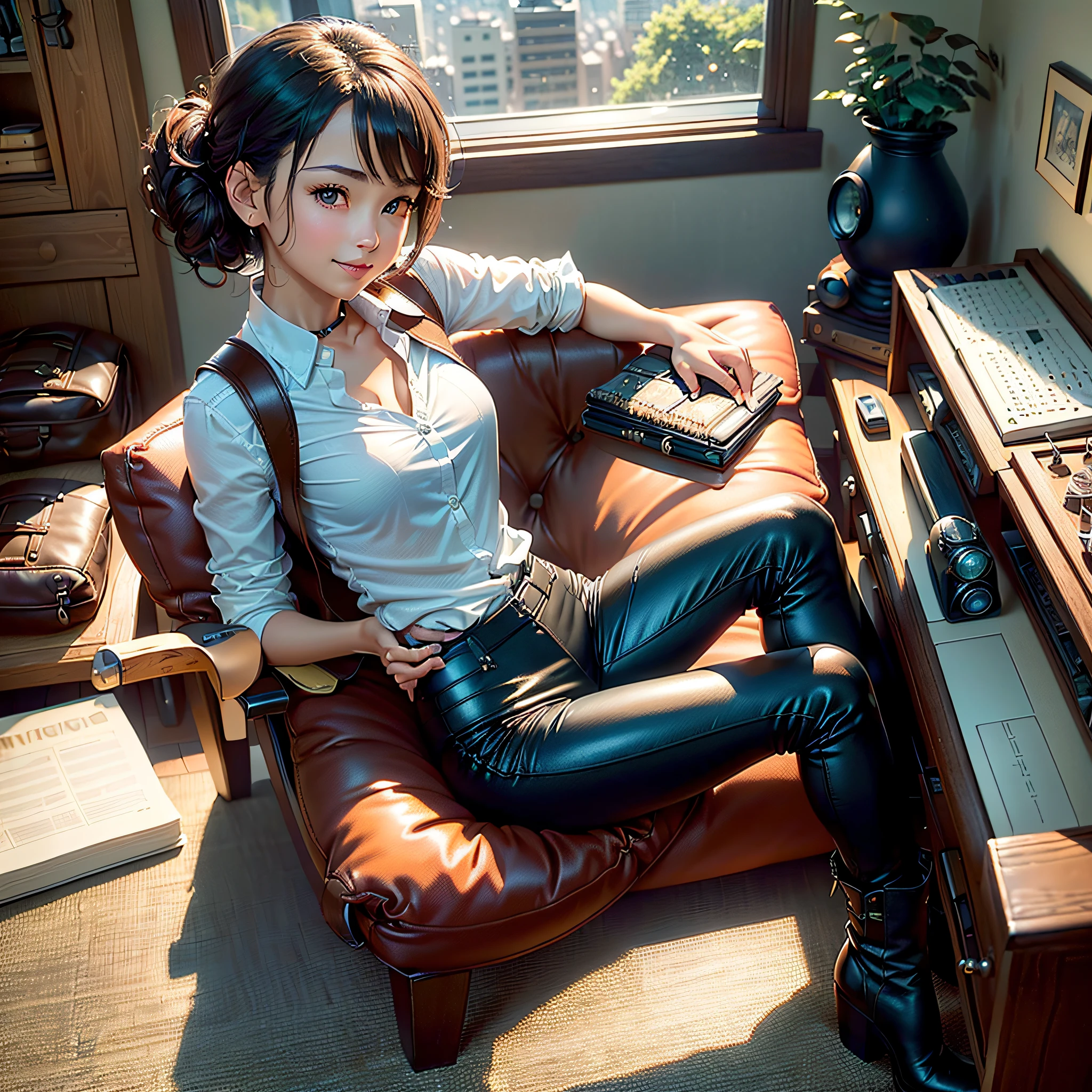 (masterpiece, highest quality, highest resolution, distinct_image, very elaborate CG, cinematic lighting, ray tracing, drop shadows, detailed detail, (photorealistic: 1.4), high quality textures, fine-grained, realistic face expression): (lone girl, face is Japan, brown short hair, hair tied back, small size breasts, sparkly eyes, eye level shots, happy smiles, beauty, slim body, holiday, own room, console games, computer, display, keyboard, mouse, long leather pants, white shirt with collar, leather vest, cardian, baseball cap, handgun holder, leather bag on back, long boots, antique radio, coffee, Model Train, Bookcase, Wooden Chair, Pot, Fan, Painting, Stuffed Animal, Tie, Notebook, Stationery, Vase, Photo Frame, Letter, Fountain Pen, Calendar, Lamp, Cushion, Basket, Profile Mirror, Candle, Newspaper, Sweets, Park View Outside the Window, Telephone, Fruit, Telescope, Retro TV)