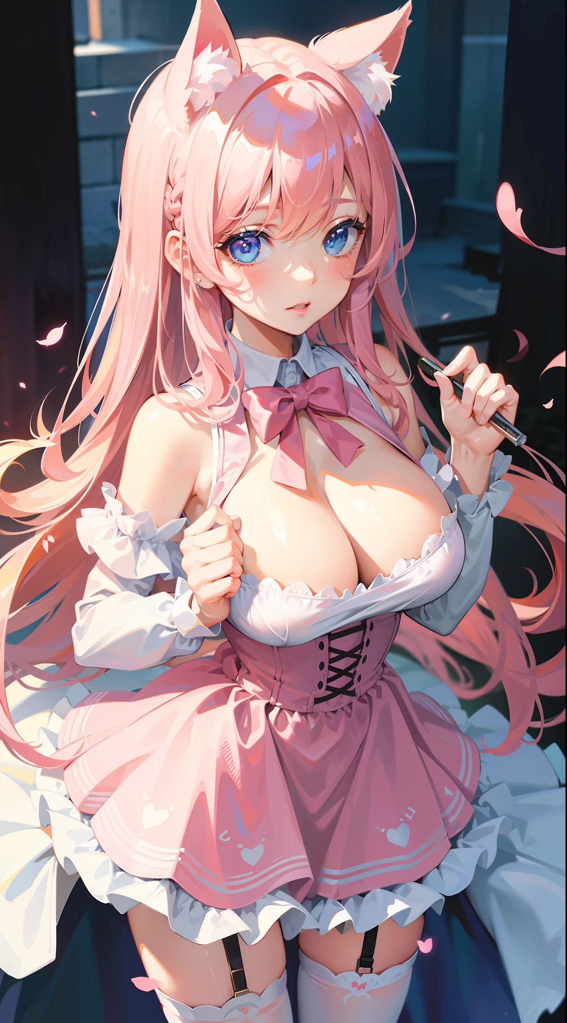 masterpiece, best quality, ultra-detailed, illustration,(1girl),beautiful detailed eyes, looking at viewer, close up, (breast focus), pink hair, shy, cat ears, white and pink dress, stockings, garters, blue eyes, thighs