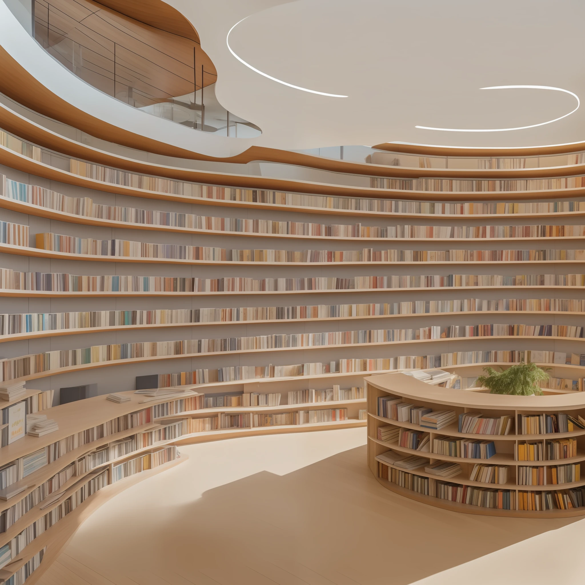 Bookstore, bright, sunny, library, indoor, curved, open, lots of plants, stainless steel bookshelf, wooden floor, clean ceiling, minimalism, many books, shop, reality, professional light, 8k, 4k, nikon, sony, original, fujifilm