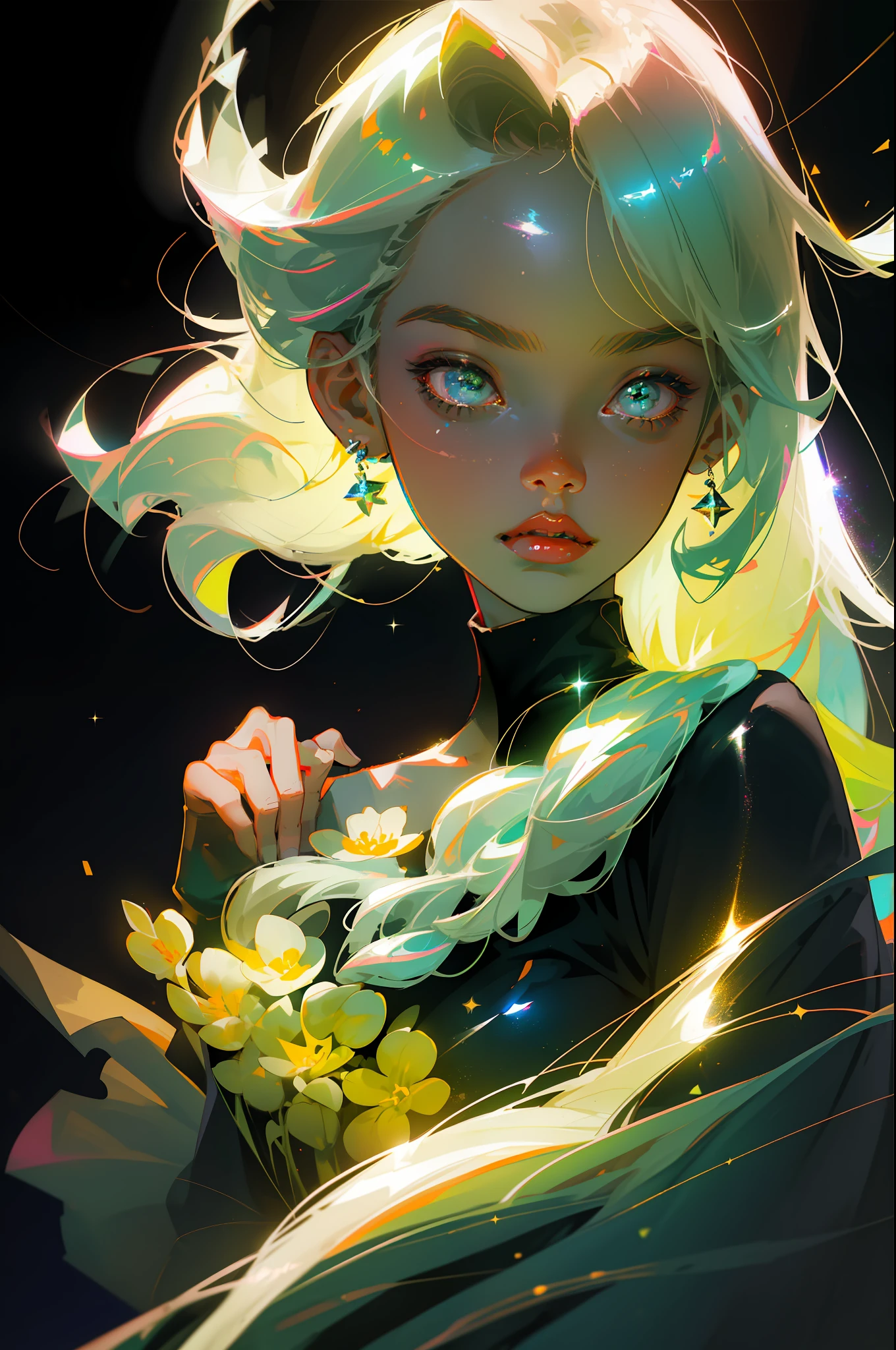 Masterpiece, best quality, super high resolution, fluorescent color,
1 girl, looking at the audience, beautiful face, beautiful eyes, (off-the-shoulder: 1.2), head up, upper body, forest, shiny hair, shiny skin, glowing cut, chibi, finger scale coordination, black starlight dress, particles
