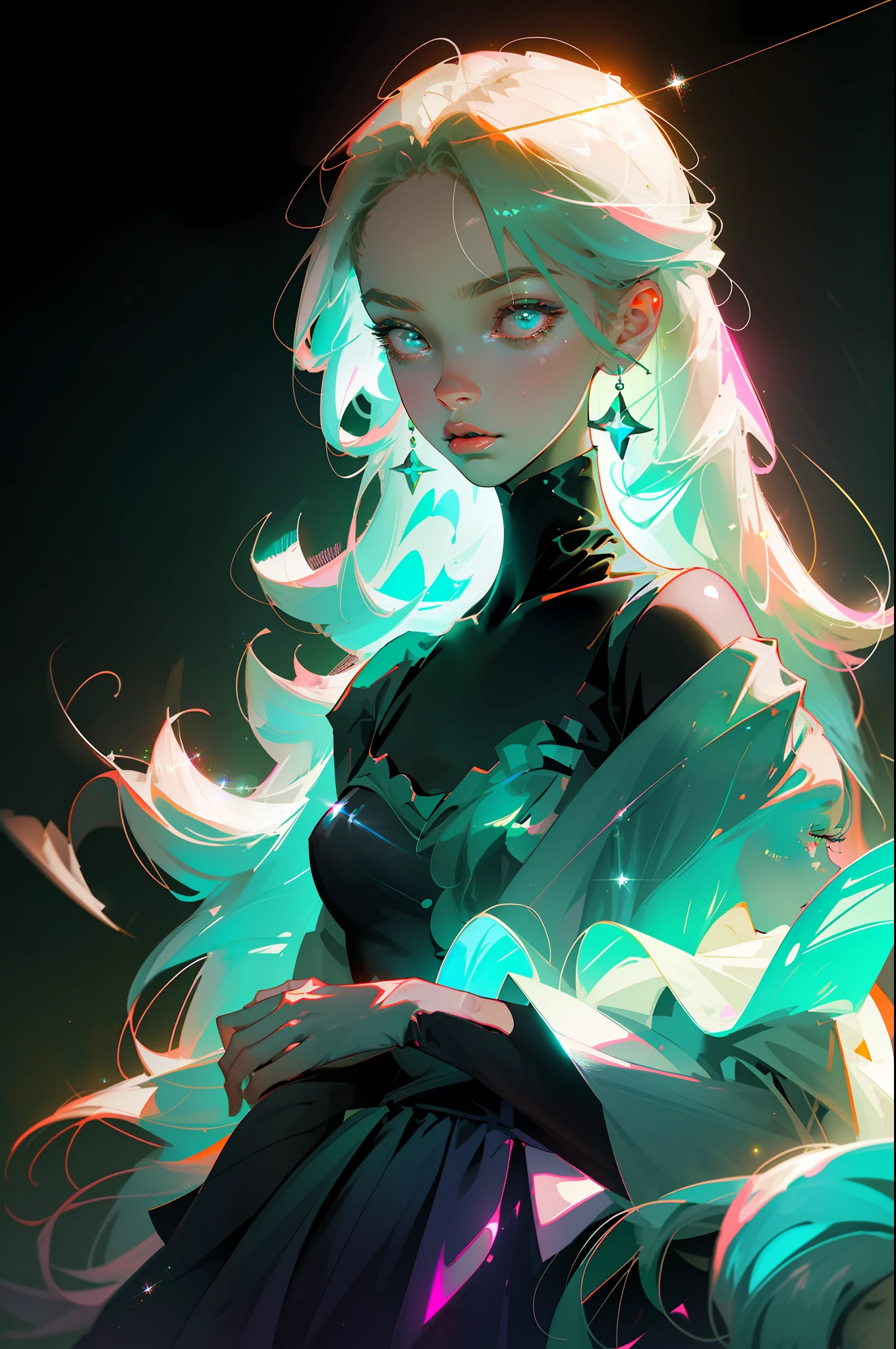 Masterpiece, best quality, super high resolution, fluorescent color,
1 girl, looking at the audience, beautiful face, beautiful eyes, (off-the-shoulder: 1.2), head up, upper body, forest, shiny hair, shiny skin, glowing cut, chibi, finger scale coordination, black starlight dress, particles