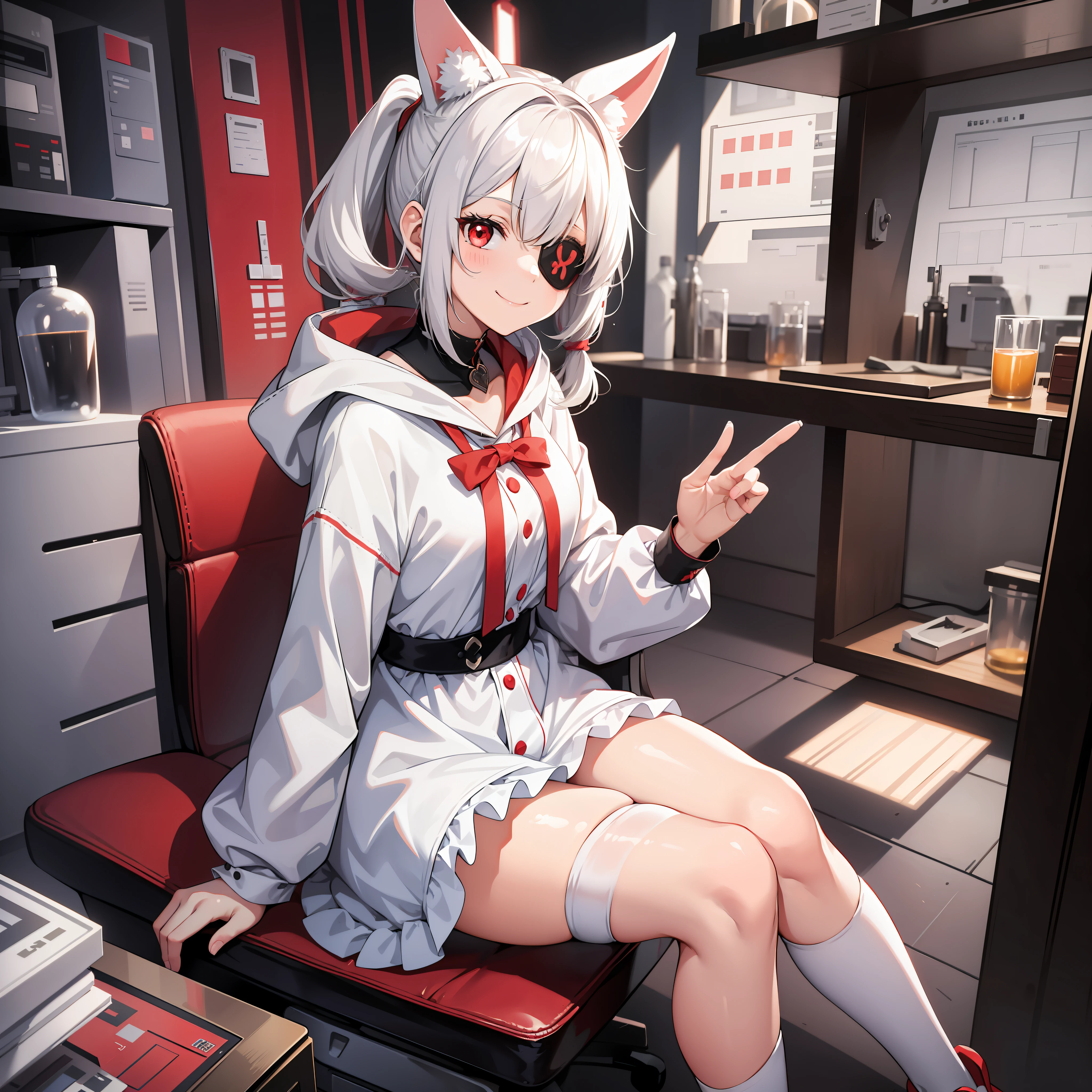 One girl, wearing one white eyepatch, holding a stuffed bunny, short white hair in two pigtails l, With a Hood, bunny ear accessories, Wearing a white short dress, red eyes, full body, smile, Sit in the laboratory