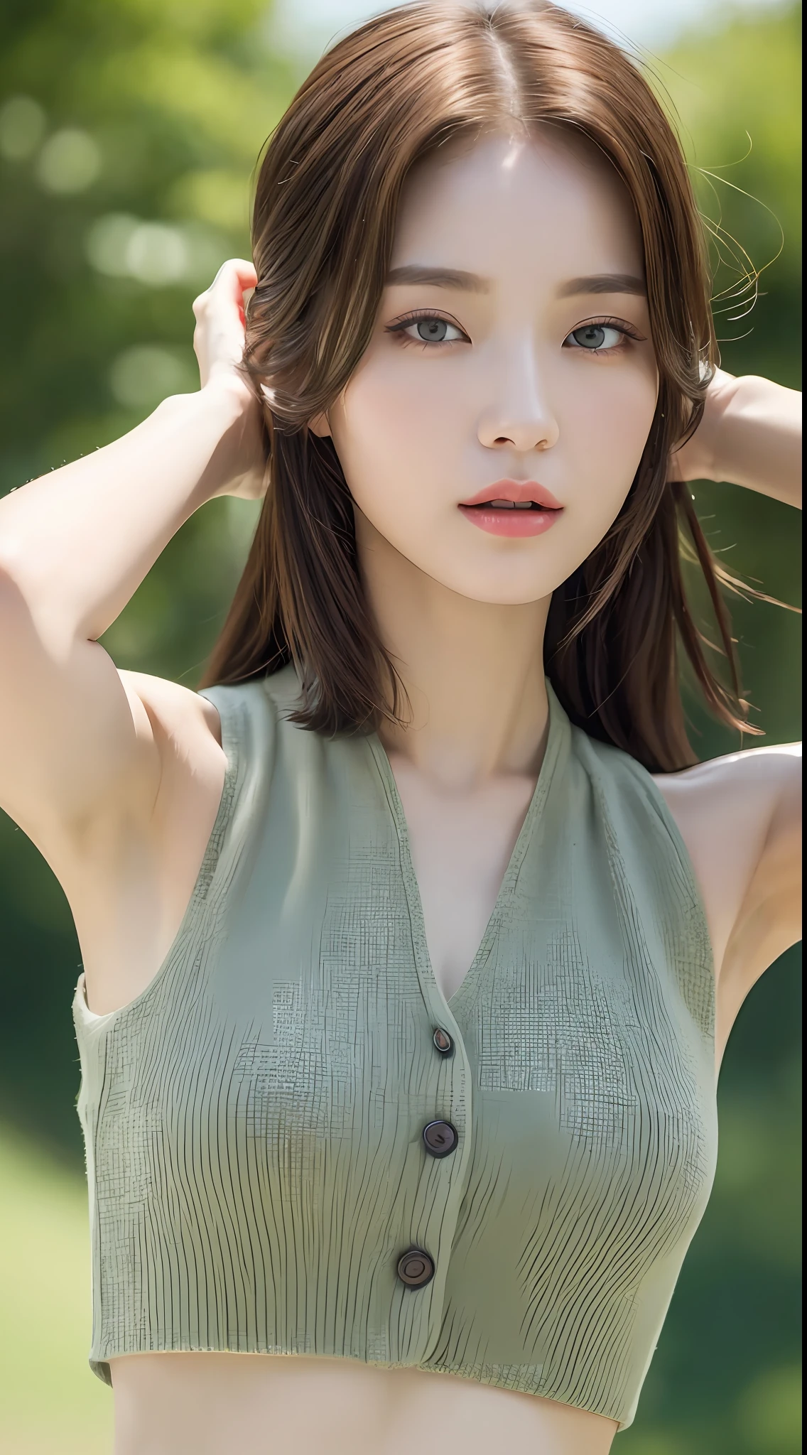 ((Best Quality, 8k, Masterpiece: 1.3)), 1 girl, beautiful woman with emphasis on slender abs: 1.3, (random hairstyle: 1.2), oversized vest: 1.2, super detailed face, detailed eyes, double eyelids, armpits, big breasts
