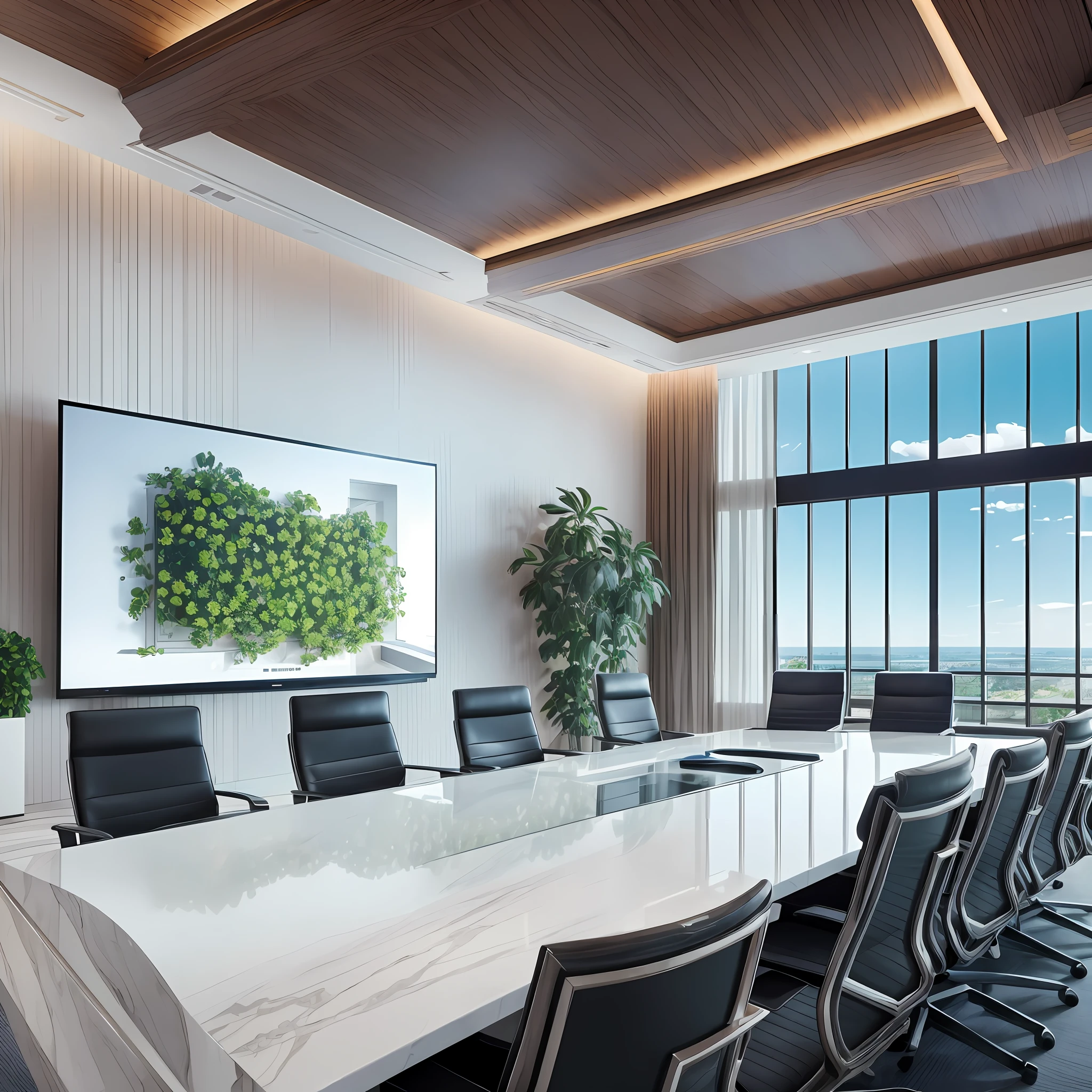 Architectural Digest's photo is of a modern style conference room, open oversized TV screen, (with plants inside: 0.1), white wainscoting, solid wood furniture, top LED light film, surrealism surrealism, award-winning masterpiece, incredible detail, epic stunning, two-point perspective, wide shot, 8K --auto --s2