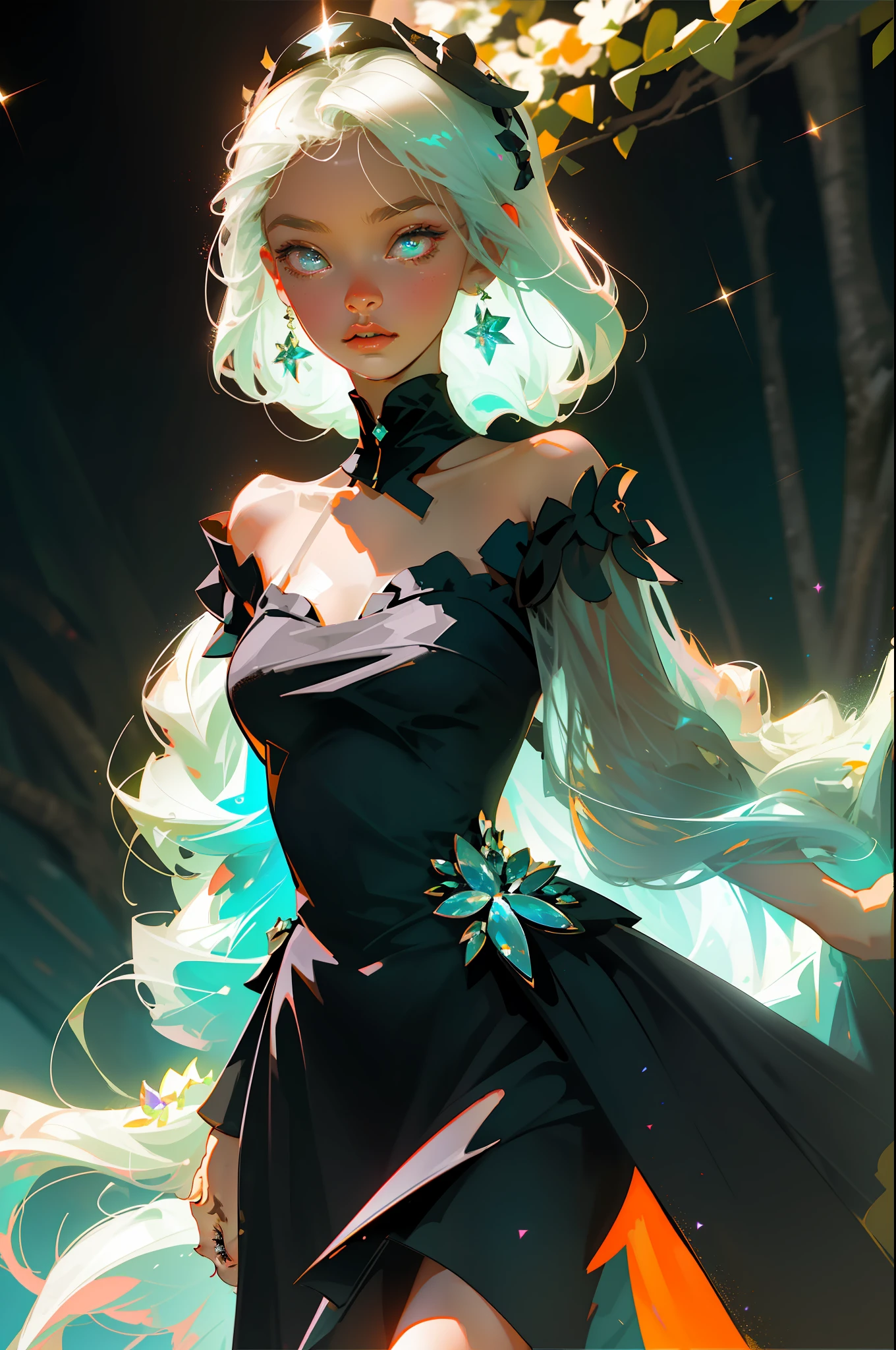 Masterpiece, best quality, super high resolution, fluorescent color,
1 girl, looking at the audience, beautiful face, beautiful eyes, (off-the-shoulder: 1.2), head up, upper body, forest, shiny hair, shiny skin, glowing cut, chibi, finger scale coordination, black starlight dress, particles