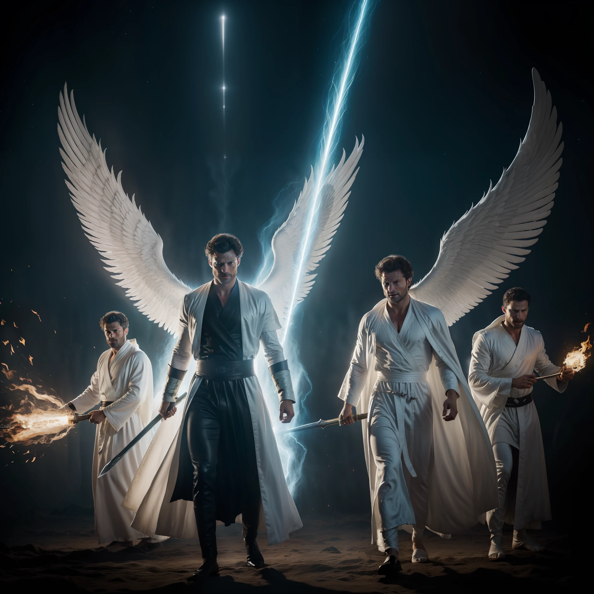 Archangel Michael and two heavenly angels fighting Lucifer in Heaven, many angels, great white wings, holding flaming sword, white robe, around heavenly flames, Jamie Dornan Archangel Michael, Tom Ellis Lucifer, battle in the heavens, wearing short black beard, focus on the details of the face, coming out happy rays, serious and attractive man, wearing white robe, magical and real effect,  film cover, with magical light explosions, powerful celestial warrior, similar to actor Jamie Dornan, dark black image background, (8k, RAW photo, best quality, masterpiece: 1.2), (realistic, photorealistic: 1.37), professional lighting.