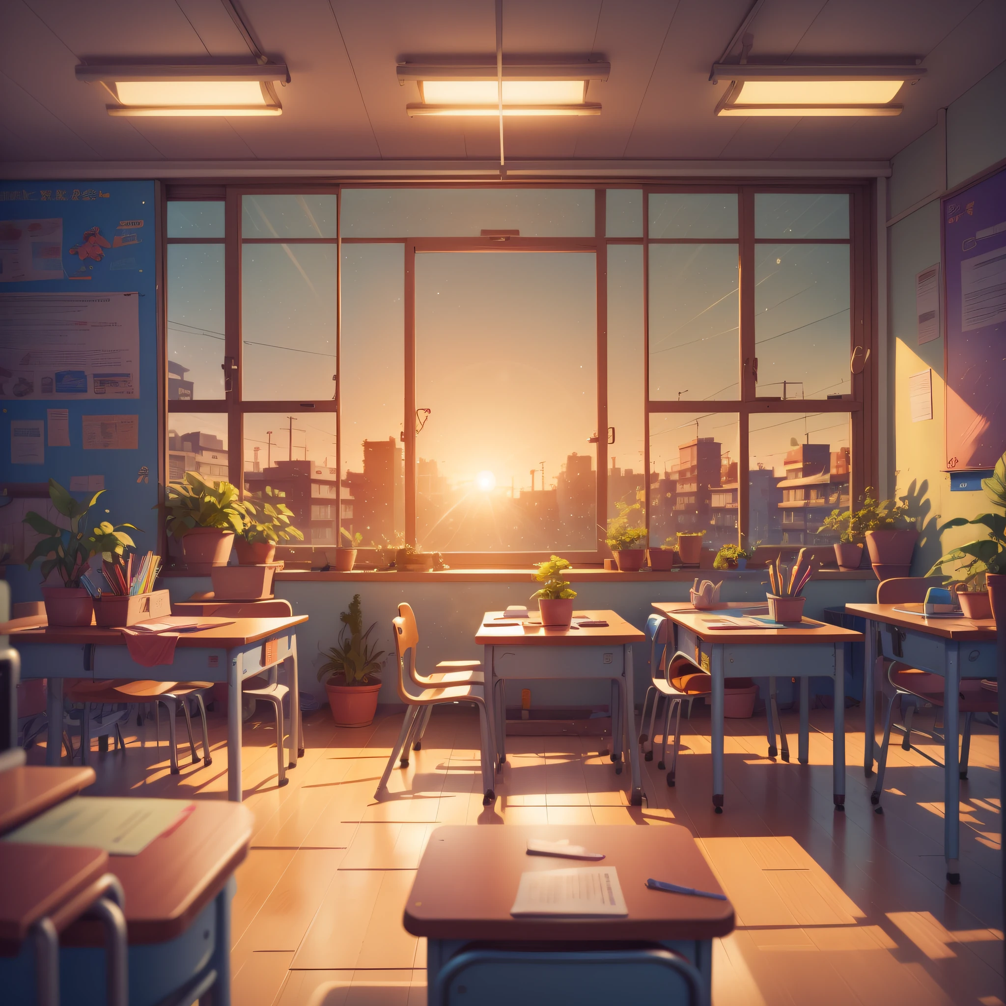 classroom, classroom illuminated by dusk sunset, classroom empty, perfect quality, happy cartoon, HD illustration, exciting illustration, flat illustration, cartoon illustration, children's book illustration, detailed 2D illustration, commercial illustration, children's book illustration, full color illustration, 2D illustration, (masterpiece: 1.2) (bokeh) (best quality) (intricate details) (8K) (detail eyes) (sharp focus), (happy)