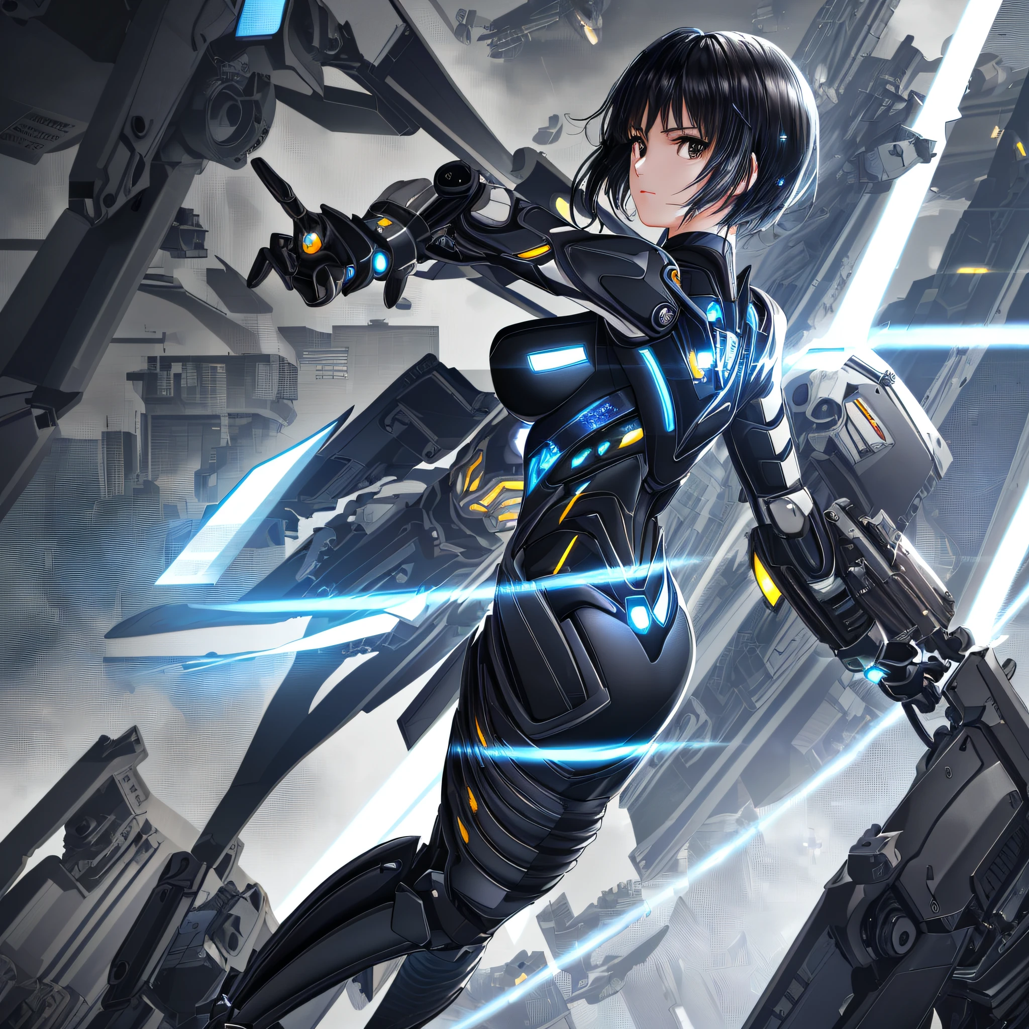 Elaborate CG Unity 8K wallpapers, masterpiece, highest quality, highest resolution, distinct_image): (Dynamic Angle, Solo, Japan Face, Short Black Haired Girl, Full Body, Small Breasts, Sparkly Black Eyes, White and Blue Colored Flight Suit, Tight Fit Clothes, Full Body Covering Clothes, Beauty, Slim Body, Exoskeleton, Gundam, Metal Gear)