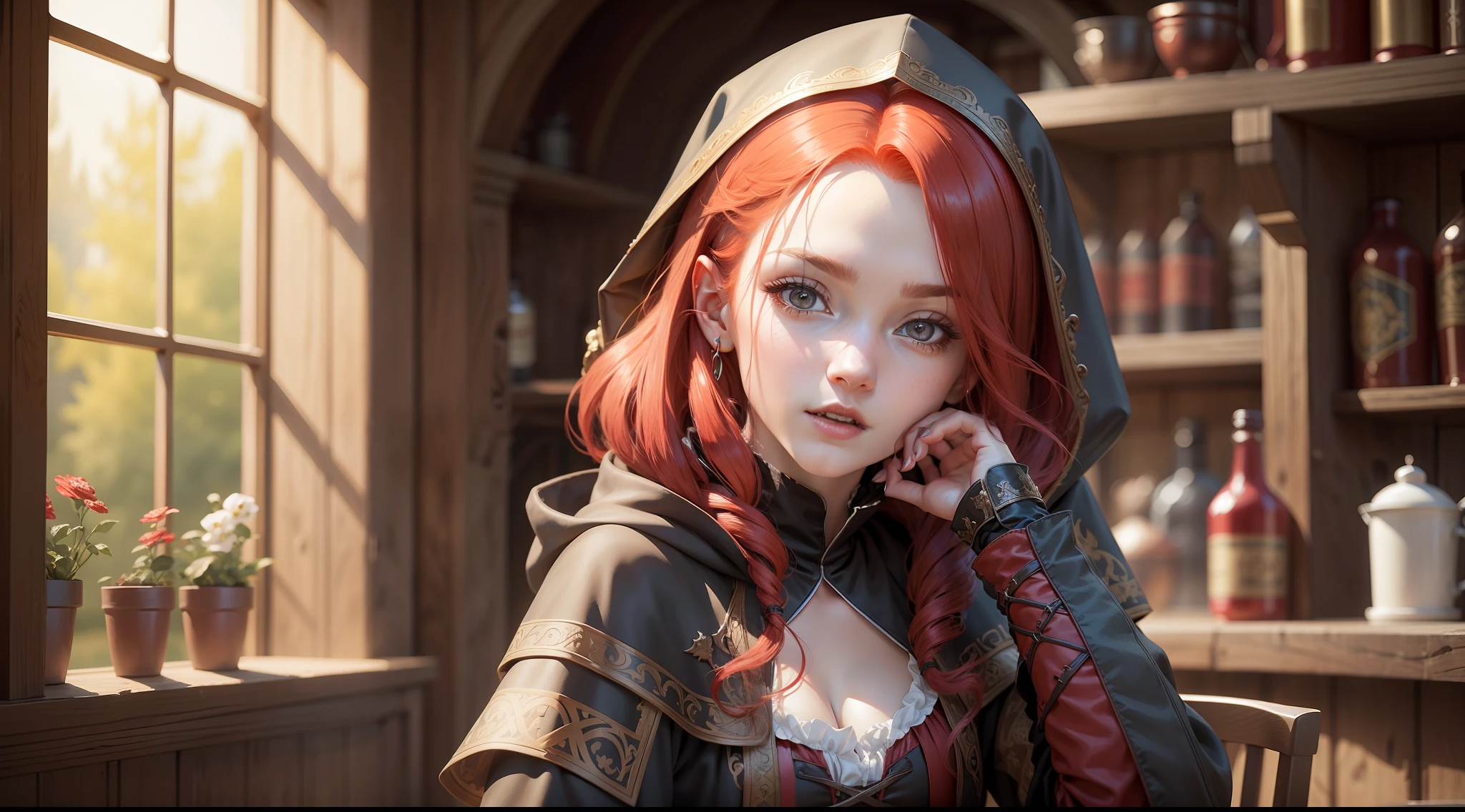 A red-haired vampire, , ((best quality)), ((highly detailed)), Masterpiece, ((official-art)), cape, hood, (girl 1:33, solo), medieval clothing, in a tavern, perfect picture, UHD, 8K