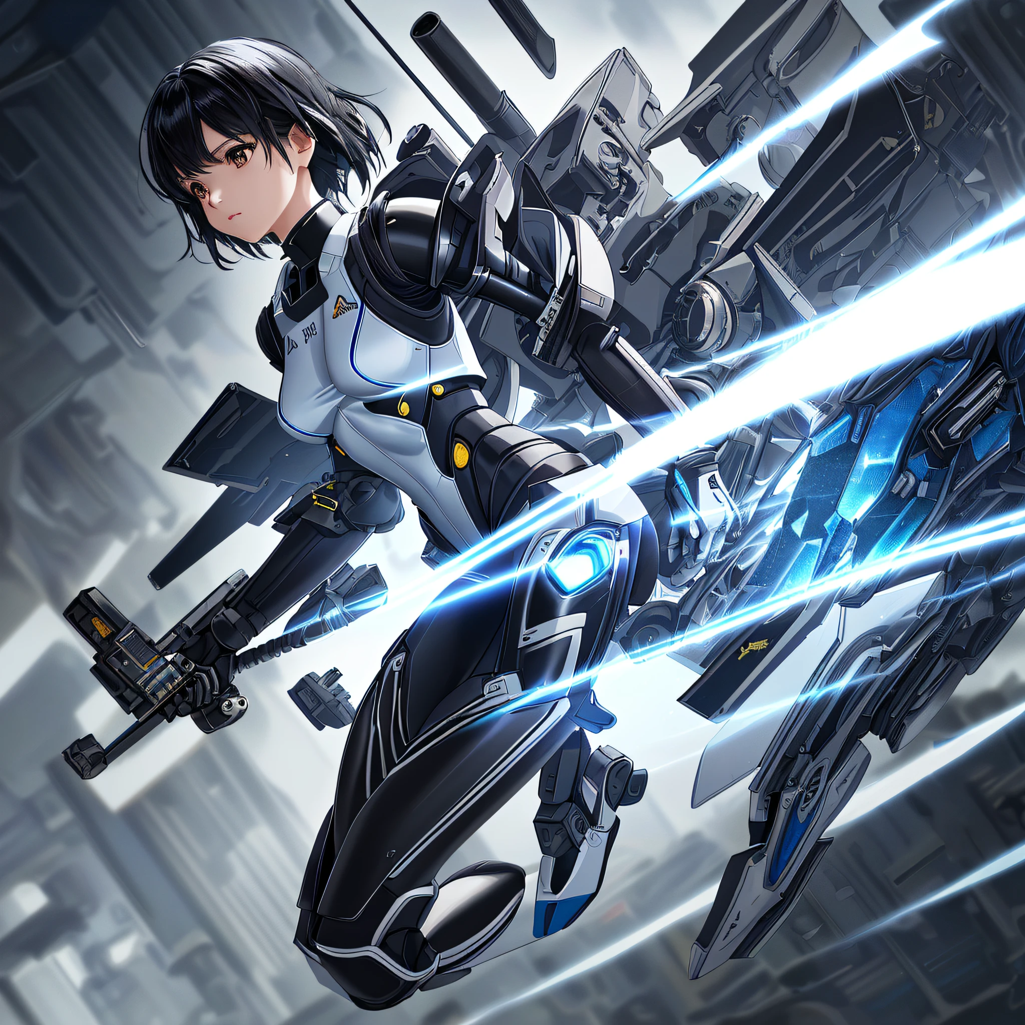 Elaborate CG Unity 8K wallpapers, masterpiece, highest quality, highest resolution, distinct_image): (Dynamic Angle, Solo, Japan Face, Short Black Haired Girl, Full Body, Small Breasts, Sparkly Black Eyes, White and Blue Colored Flight Suit, Tight Fit Clothes, Full Body Covering Clothes, Beauty, Slim Body, Exoskeleton, Gundam, Metal Gear)
