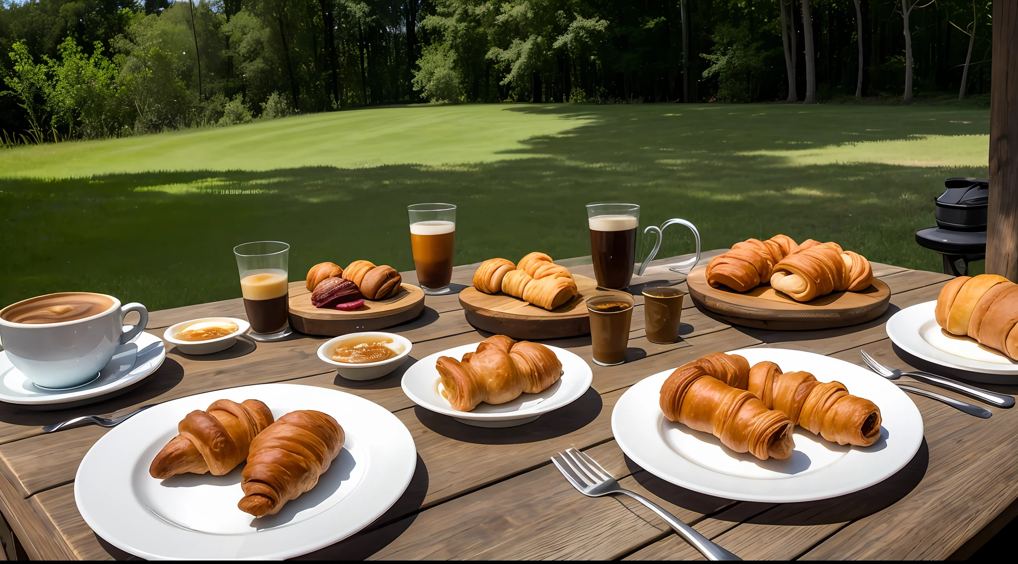 Breakfast, Outdoor, Camping, Croissants, Crispy, Espresso, Cappuccino, Latte, Americano, Hamburger, Rustic Dining Table + , Intricate details: 1.15, HDR, Ultra detail: 1.2, Ultra HD, Detail, Large aperture