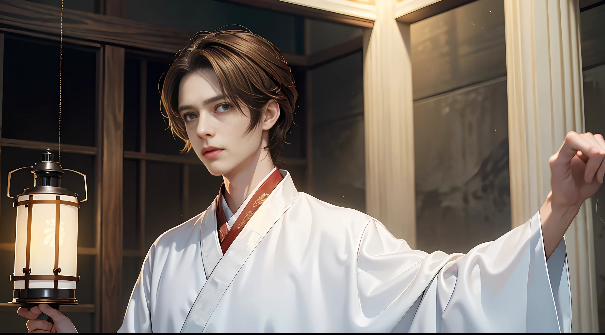 Superb Quality, Masterpiece, High Resolution, Handsome Looks, Fine Details, ((Face Details)), High Resolution, Wallpaper, 1 Boy, Solo, (((White Hanfu)), Brown Hair, Short Hair, Hanfu, Standing Pose, Indoor, Study, 16K, HDR, High Resolution, Depth of Field, (Film Grain: 1.1), Golden Hour, (Lens Glow), (Grading: 1.5), Lantern, ((Hands Grabbing Hair)))), ((Painful Expression)), Head Down