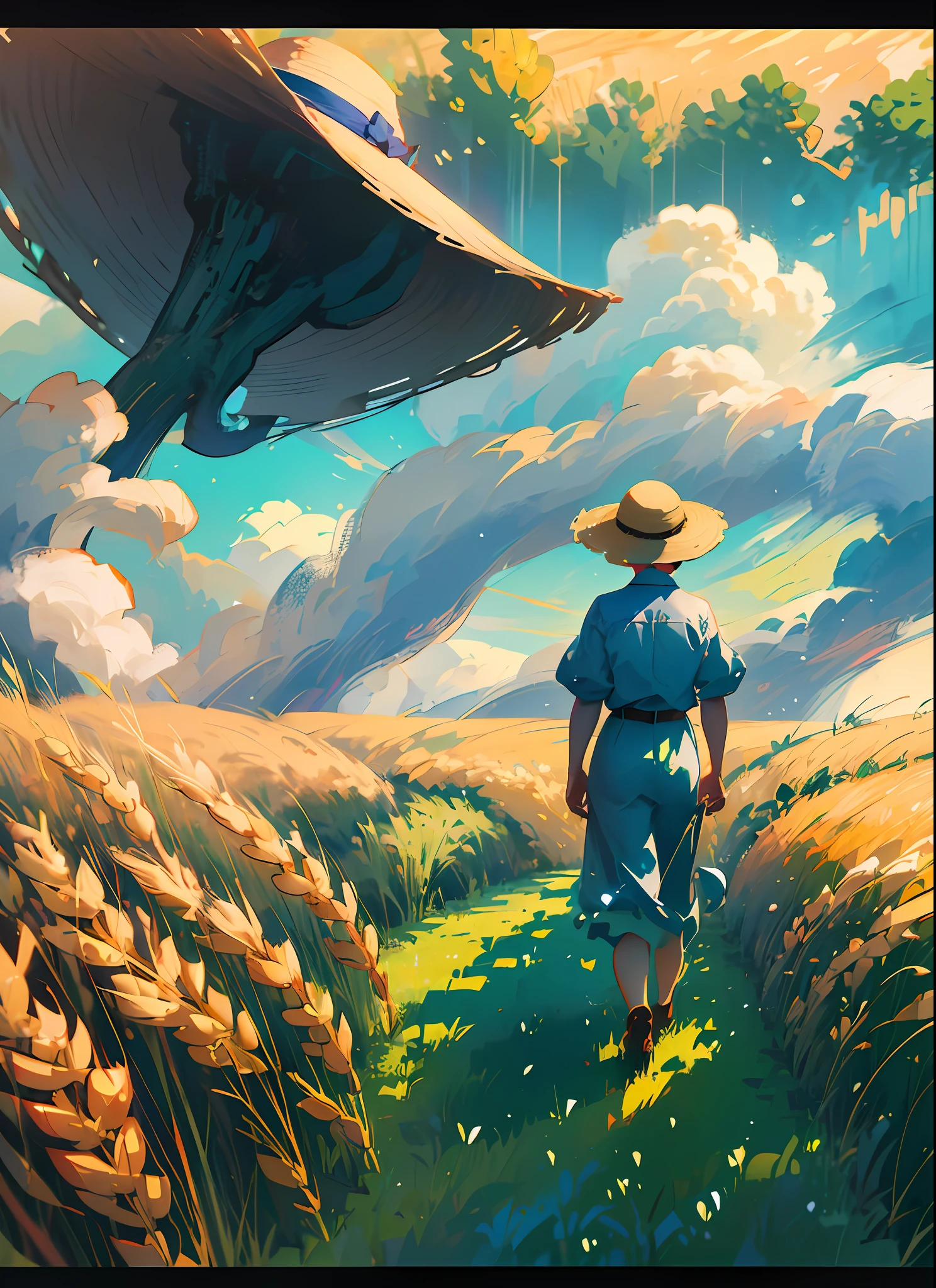 Wheat field, a farmer uncle with a straw hat standing in a wheat field, big clouds, blue sky, rice field, neat rice seedlings in the field, forest, hillside, secluded, rural, HD detail, hyper-detail, cinematic, surrealism, soft light, deep field focus bokeh, ray tracing and surrealism. --v6
