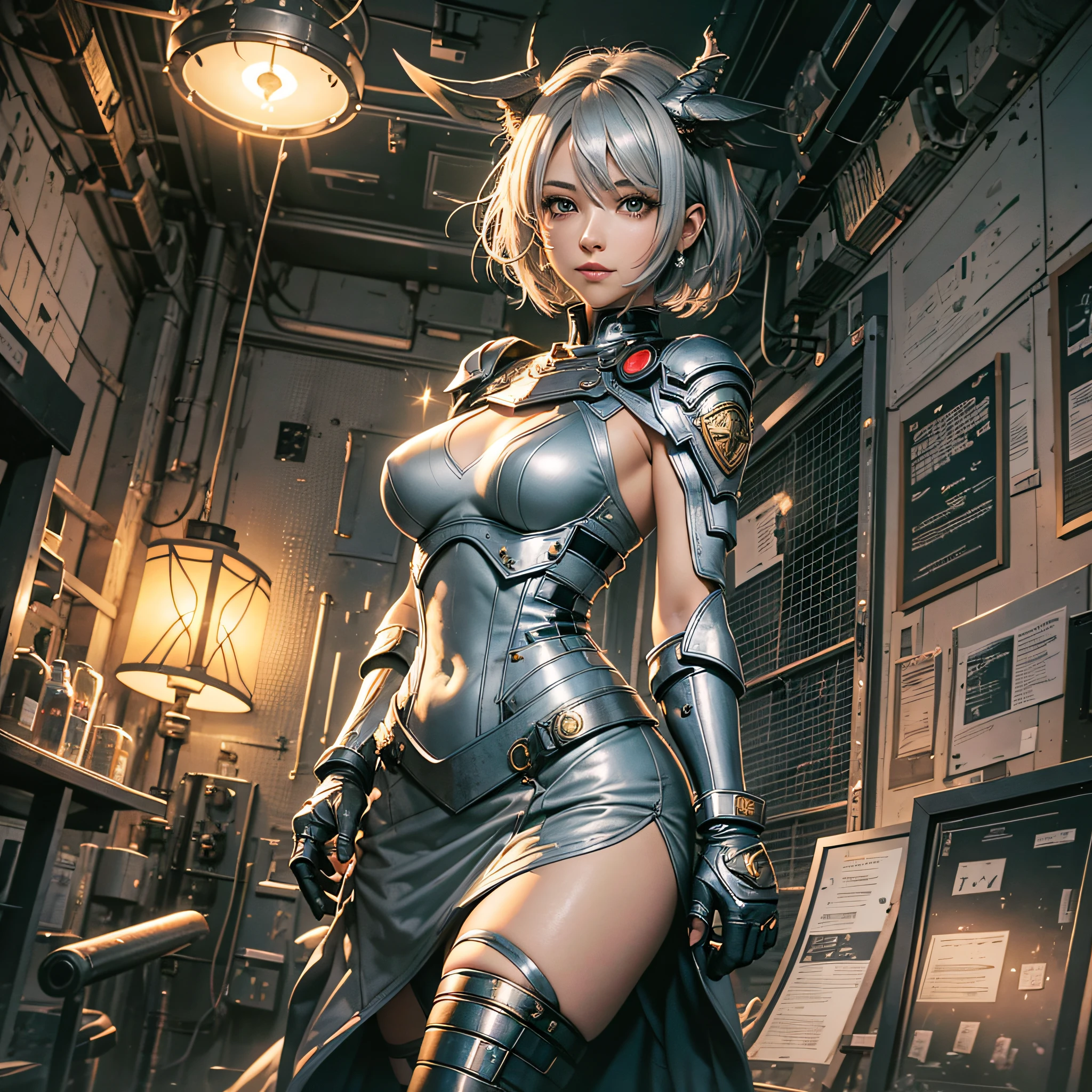 Full body, gray hair, (Dragoon: 1.2), Brant Bang, masterpiece, top quality, official art, very elaborate CG Unity 8K wallpaper, for girls, ultra high resolution, (photorealistic: 1.4), golden hour lighting, sweater dress, (upper body), (platinum shorthair: 0.8), (puffy eyes), looking at the viewer, frontal, smile, medium breasts, shirt lift, Gloves, shorthair