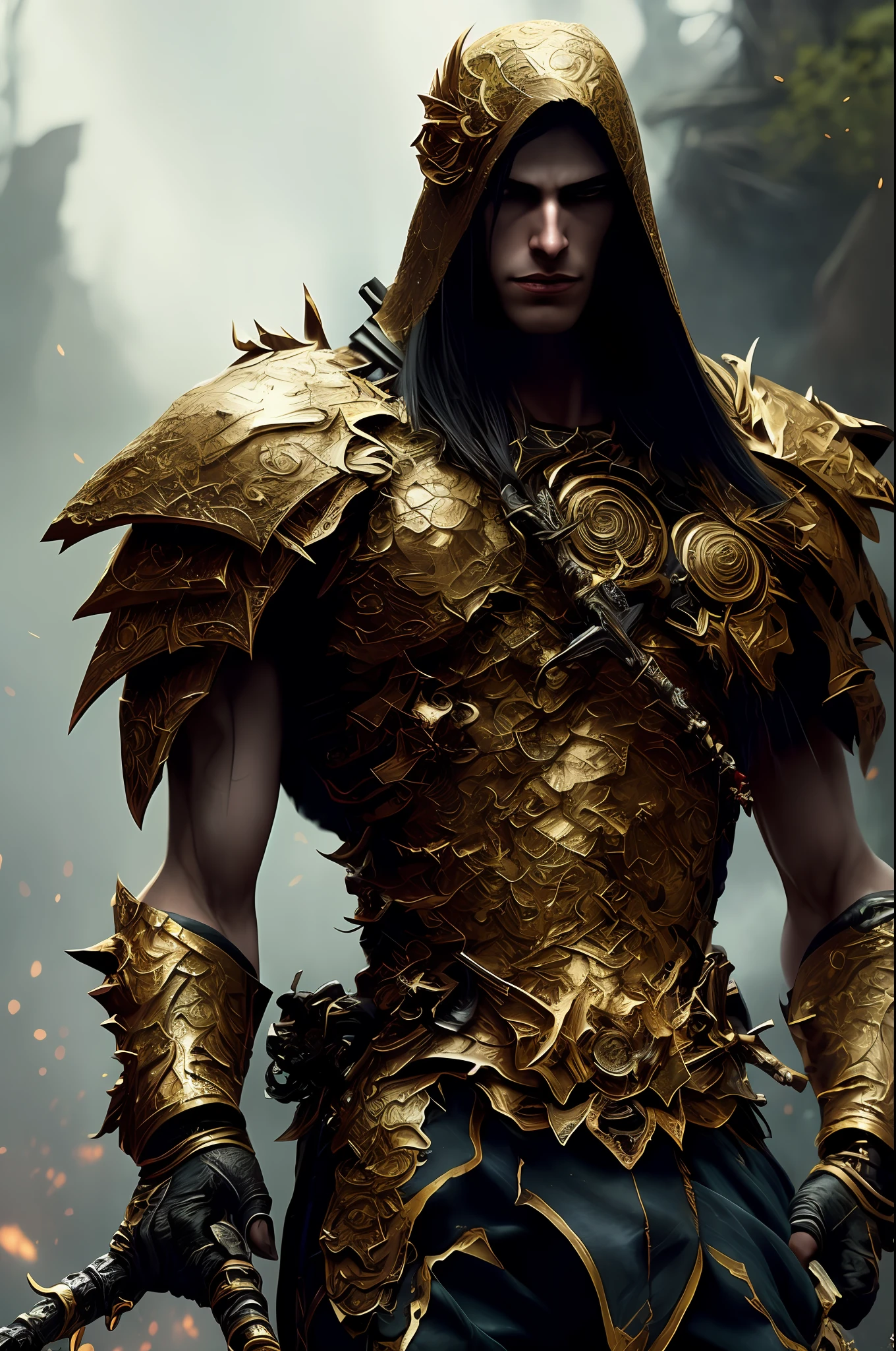 One (full body: 1.3) shot with 8k resolution, splash art, fantastic comic book style, photorealistic, intense visual, anatomical portrait of photorealistic digital painting of a cruel young vampire man: 1.3) human (warrior: 1.3) in intricate black and gold (heavy armor: 1.3) in one (dark and temperamental universe: 1.3), light particle, very detailed skin, samurai,  Very detailed eyes, (Elden Ring style: 1.3), (Warhammer style: 1.1), conceptual artist, global lighting, depth of field, splash art, art by Artgerm and Greg Rutkowski and Viktoria Gavrilenko
