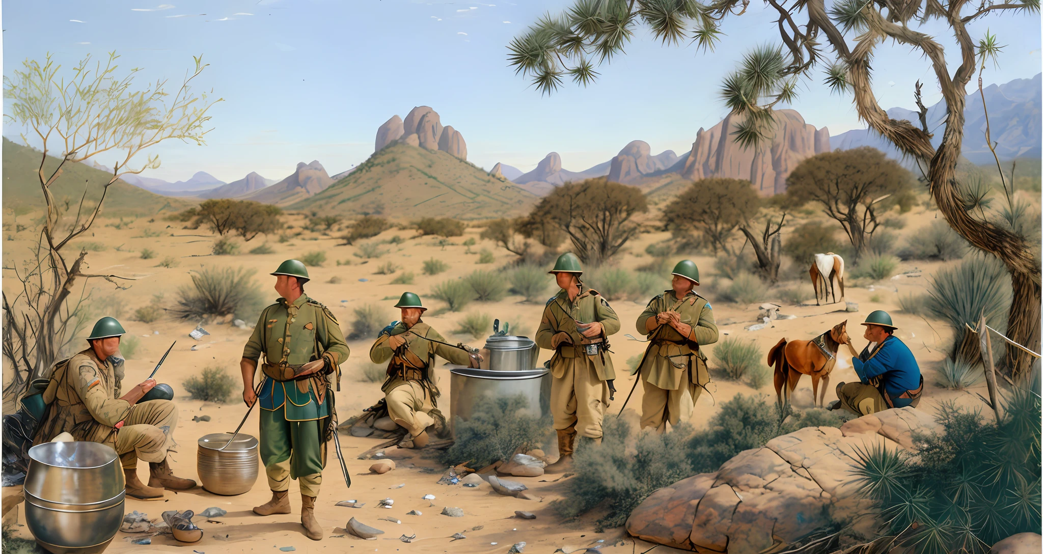 Soldier wearing leather hat with torn garments making a food in a pot over a campfire, soldiers of the war of straws, leather and cotton clothes of faded colors and brown colors, and faded, several soldiers around, a dog, horses stuck in the background, soldiers sitting on stones and holding weapons, soldiers sitting and standing in the background,  a soldier tending a horse, many cacti, small mountains of rounded top and small rocks in the background, gnarled trees and small thickets and green herbs growing at the base of rocks, deep horizon, bonfire still lit, intricate details, masterpiece, 8k, highres, best quality, highest texture, realistic, light of nature, perfect shadow, clear detailed face, War of straws,  caatinga in the backlands of Brazil, semi-arid climate, dry vegetation, twisted bushes, tattered soldiers, bonfire in the center of the photo with a pot, cooking utensils, camping, scattered things, ((((all faces must be different, use all the spectra of your different emotions from happiness to anger, do what you want and how you want))).