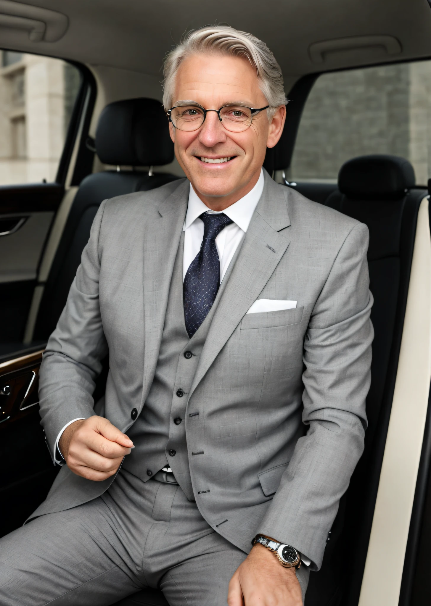 Draw me a male professor, aged over 50, gray haired, sitting in a luxury car, wearing a white suit, a happy face, a face-to-face portrait.