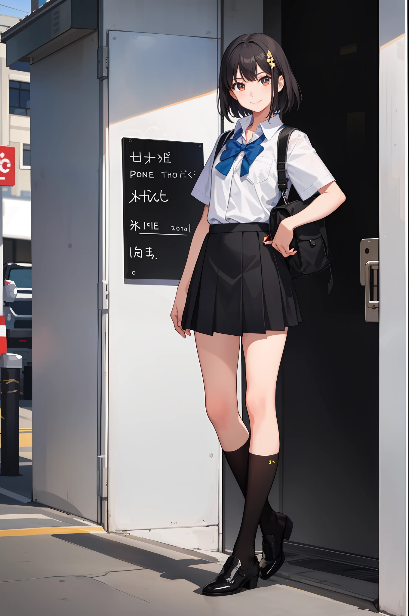 1 girl, smile, shirt, skirt, (small) chiralism,