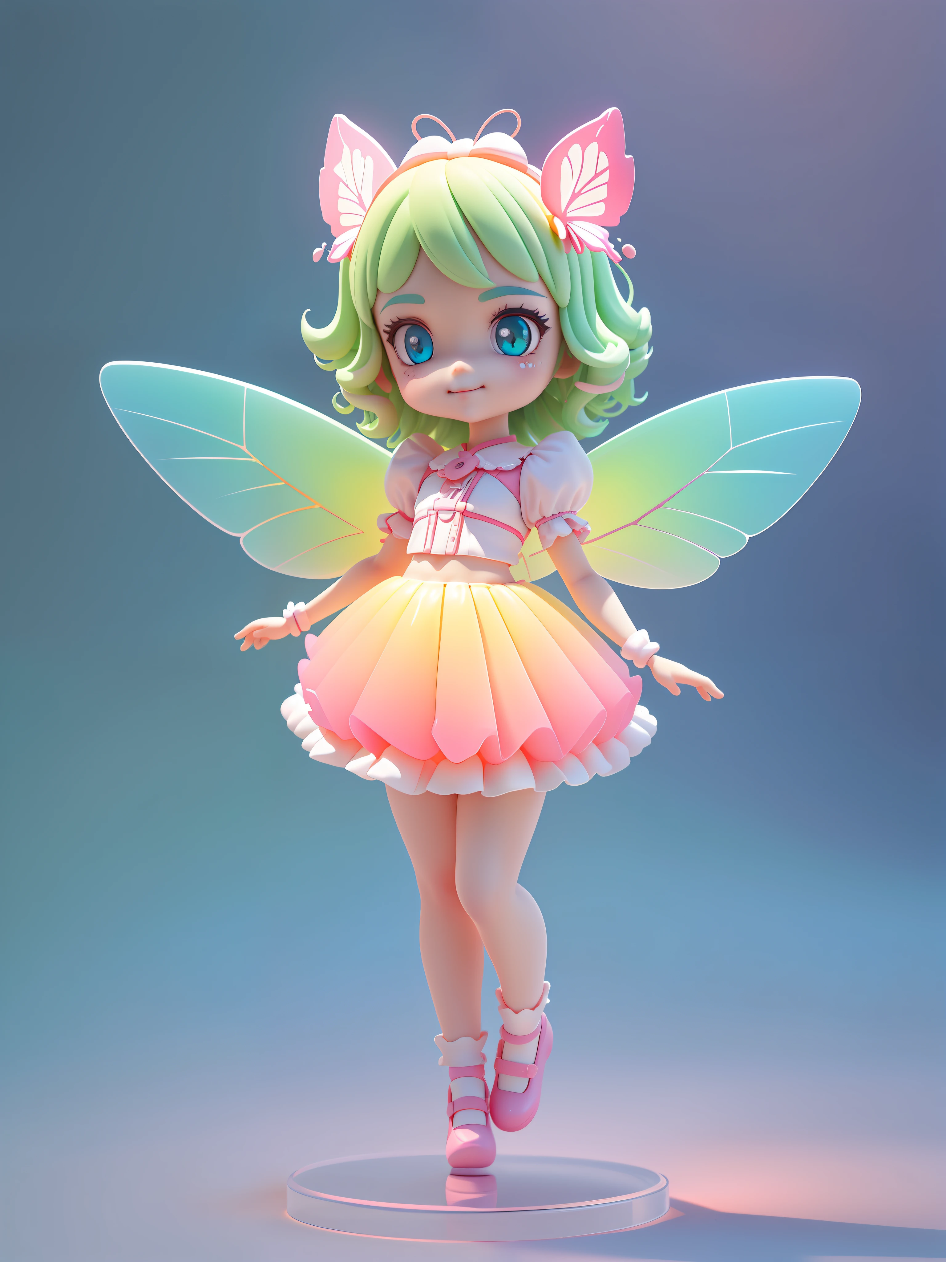 Detailed plastic material, (same character, front, side, back)) best quality, (very detailed model), (best quality), octane rendering, ray tracing, very detailed, 3D toy, exaggerated giant hair, girl (full body) (3D hair, cute hair accessories, ((kids)), beautiful eyes, cute big eyes, cute face, pink green gradient, drum skirt, cute skirt, chib, fluorescent translucent, colorful, plastic, children, transparent, product design, glowing jelly, Delicate and cute plastic, beautiful light and shadow 3D, digital art, translucent plastic bubblegum, close-up, 3D, super detailed, generate front view, side view, rear view three views, borderless, c4d, Octane rendering, Blender, HD, full body, simple background! Butterfly wings) ((body symmetry))) (smile) (full body portrait) (skirt to knee) (butterfly fairy) (fly up) (a girl) (face light) (skirt to knee) (skirt to knee) (skirt covers the thighs) (and detailed details) (masterpiece) (stand up straight) (beautiful butterfly wings) (face fill light) (a beam of light on the face)