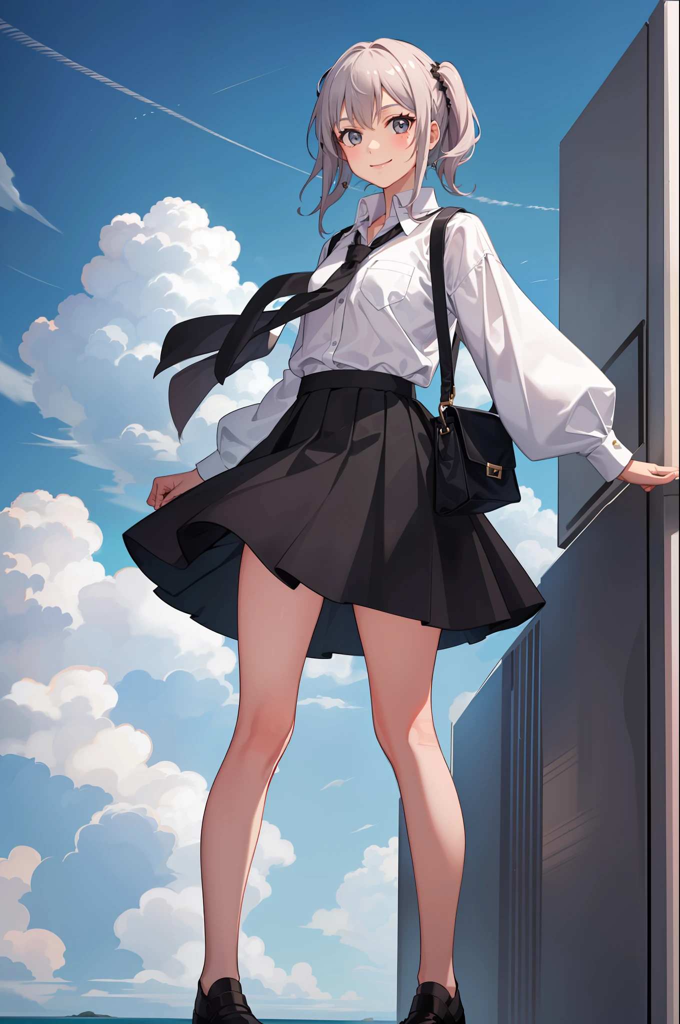 1 girl, smile, shirt, skirt, (small) chiralism,