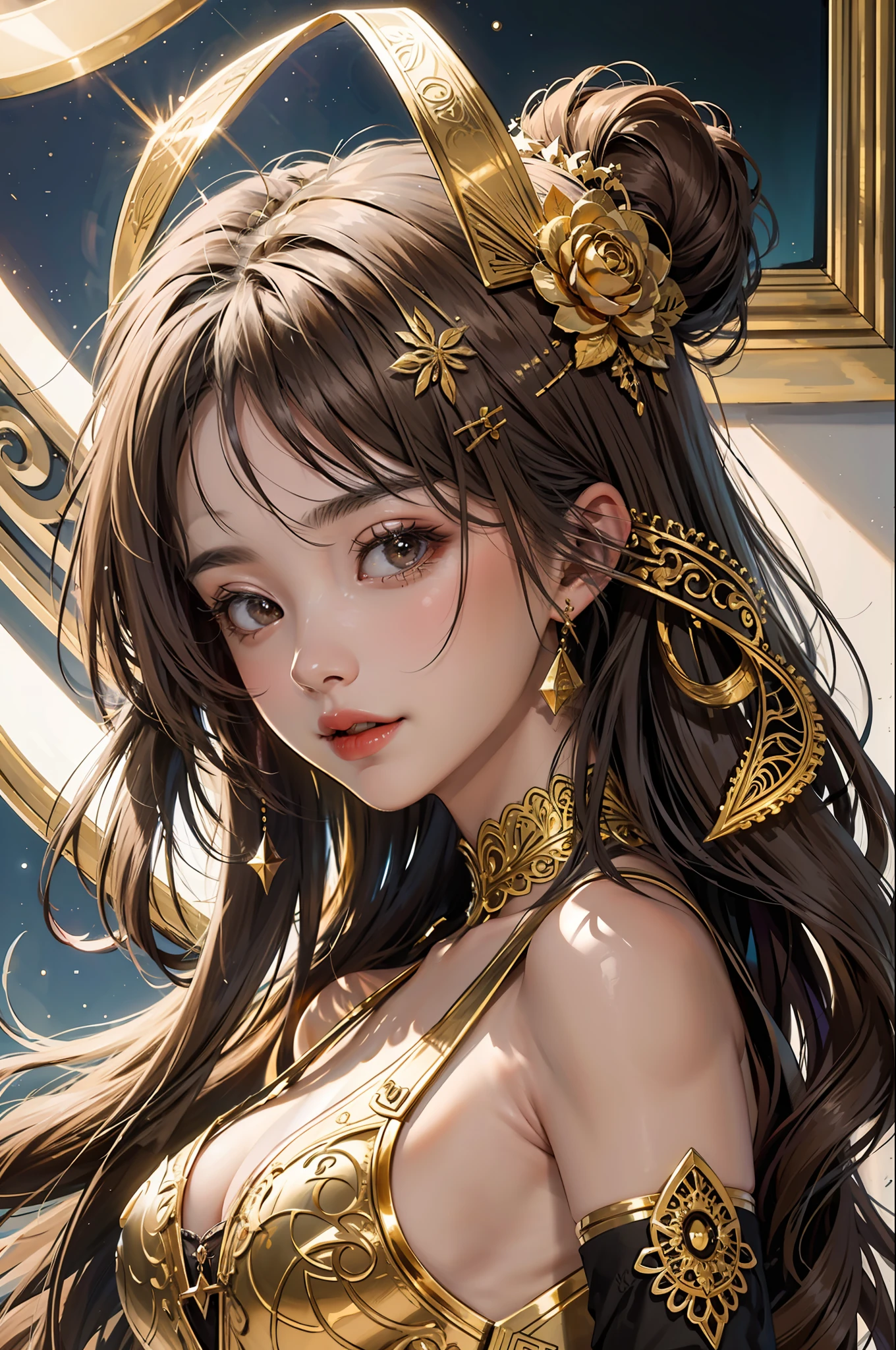 (masterpiece, superior quality, best quality, official art, beautiful and aesthetic: 1.2), (1girl), extreme detailed, colorful, highest detail, official art, 8k wallpaper unit, ultra detailed, beautiful and aesthetic, beautiful, masterpiece, best quality, caramel brown eyes, long brown brown hair, large natural breasts, (zentangle, mandala, tangle, entangle), holy light, gold foil, gold leaf art, brightness drawing, PerfectNwsjMajic