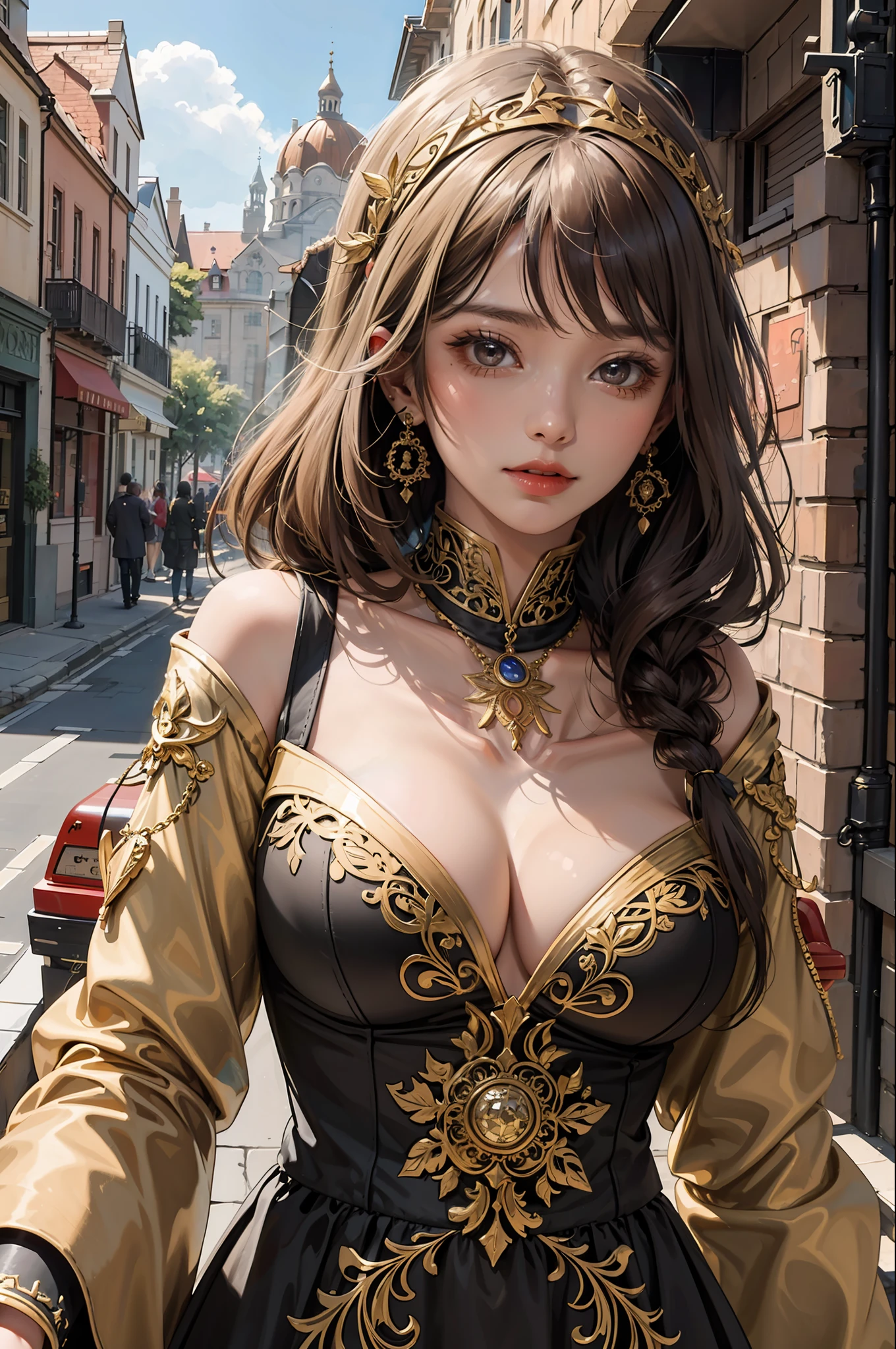 (masterpiece, superior quality, best quality, official art, beautiful and aesthetic: 1.2), (1girl), extreme detailed, colorful, highest detail, official art, 8k wallpaper unit, ultra detailed, beautiful and aesthetic, beautiful, masterpiece, best quality, caramel brown eyes, long brown brown hair, large natural breasts, (zentangle, mandala, tangle, entangle), holy light, gold foil, gold leaf art,  brightness drawing, PerfectNwsjMajic