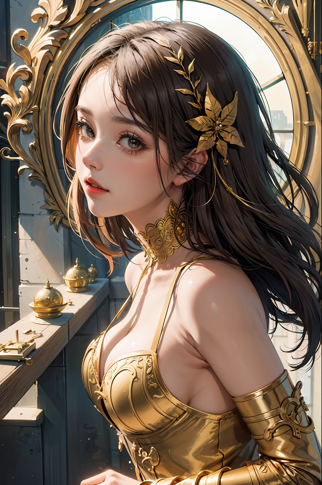 (masterpiece, superior quality, best quality, official art, beautiful and aesthetic: 1.2), (1girl), extreme detailed, colorful, highest detail, official art, 8k wallpaper unit, ultra detailed, beautiful and aesthetic, beautiful, masterpiece, best quality, caramel brown eyes, long brown brown hair, large natural breasts, (zentangle, mandala, tangle, entangle), holy light, gold foil, gold leaf art,  brightness drawing, PerfectNwsjMajic