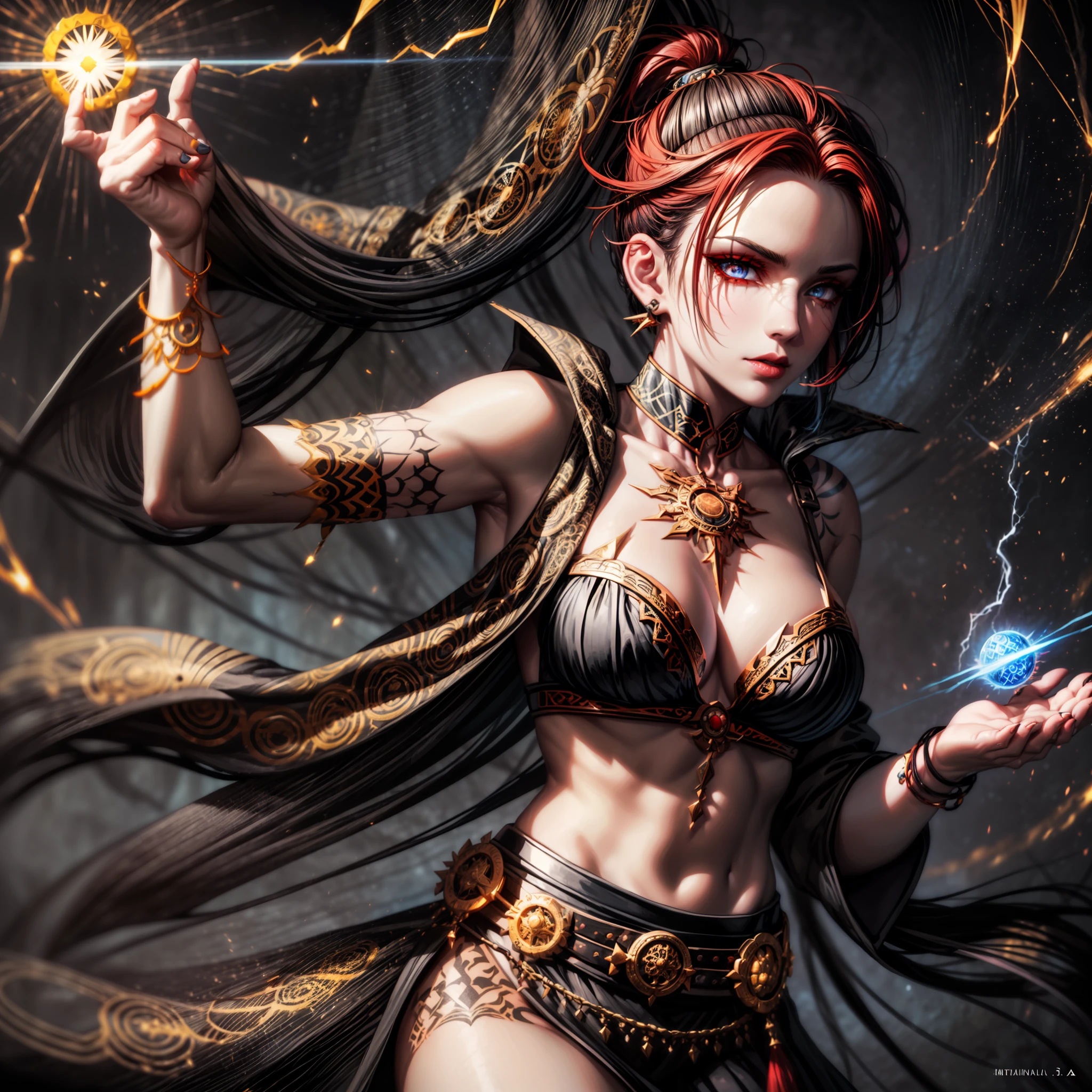 portrait of a primal sorceress(mature:1.6), (undercut:1.3, short black ponytail), [masculine:feminine:0.6], bright eyes, white eyes, [confident|bored], red eyeshadow, lipstick, flat , blue criss-cross halter, (mandala henna arm tattoo:1.1), gold circlet, long red layered skirt, belt pouch, casting spell, crackling electricity, lightning, storming background