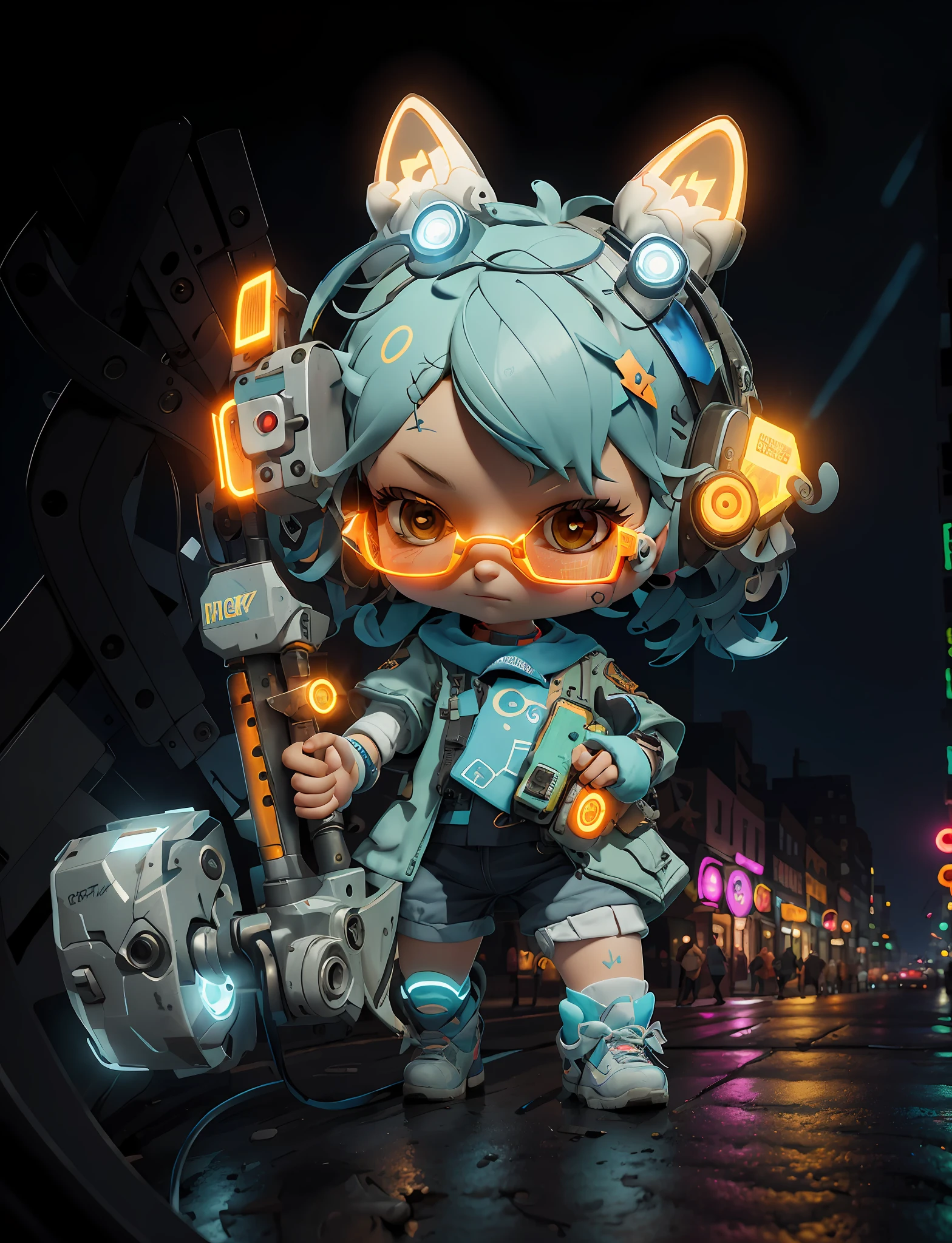 Masterpiece, HD, High Quality, Detailed Details, High Quality, (Loli, Firearms, Glasses, Ear Hairpins, Tactical Headphones), (Blue Hair, Nice Clothes, Detail Layering: 1.2), Rich Details, Bow Shoes, Fine Clothes, Depth of Field, Contour Light, Backlight, ((Cyberpunk Street View, Main Street, Night, Under Street Lights, Glowing Weapons: 1.2)), Real Light and Shadow Changes, Police Car,